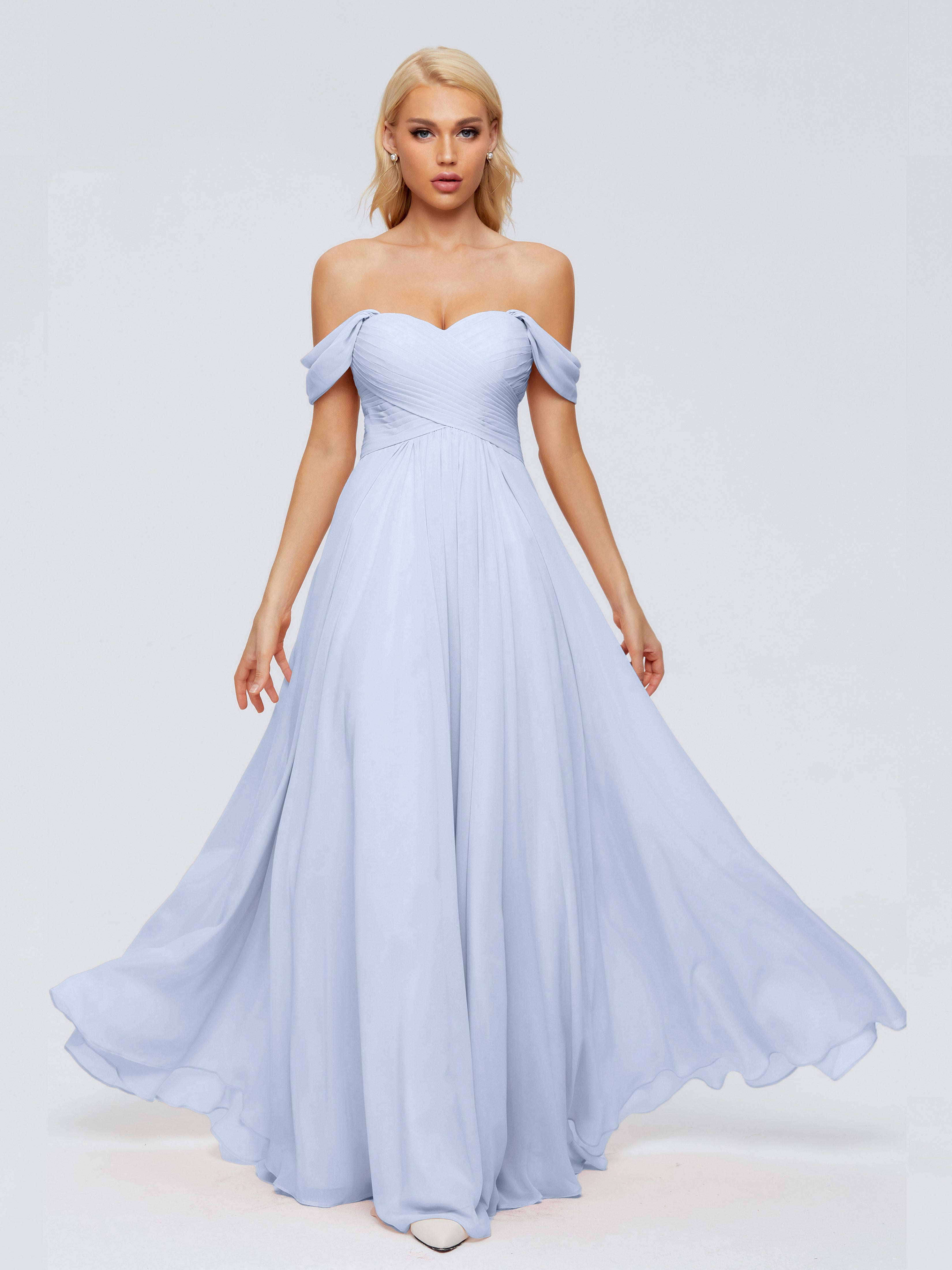 Robe Longue Bleu Ciel Demoiselle D Honneur Trapèze Encolure Dégagée Mousseline Robes Demoiselle D'Honneur