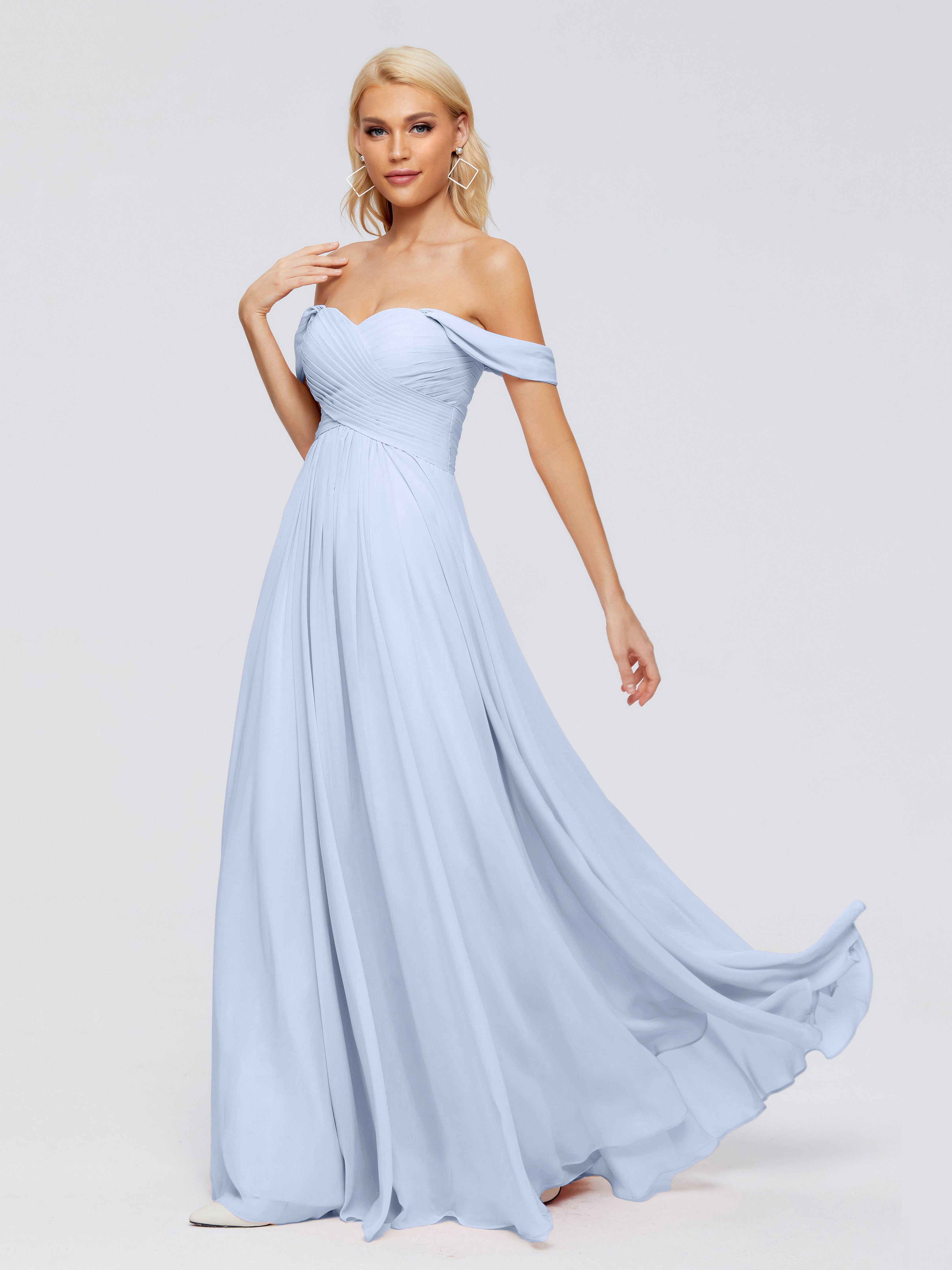 Robe Longue Bleu Ciel Demoiselle D Honneur Trapèze Encolure Dégagée Mousseline Robes Demoiselle D'Honneur