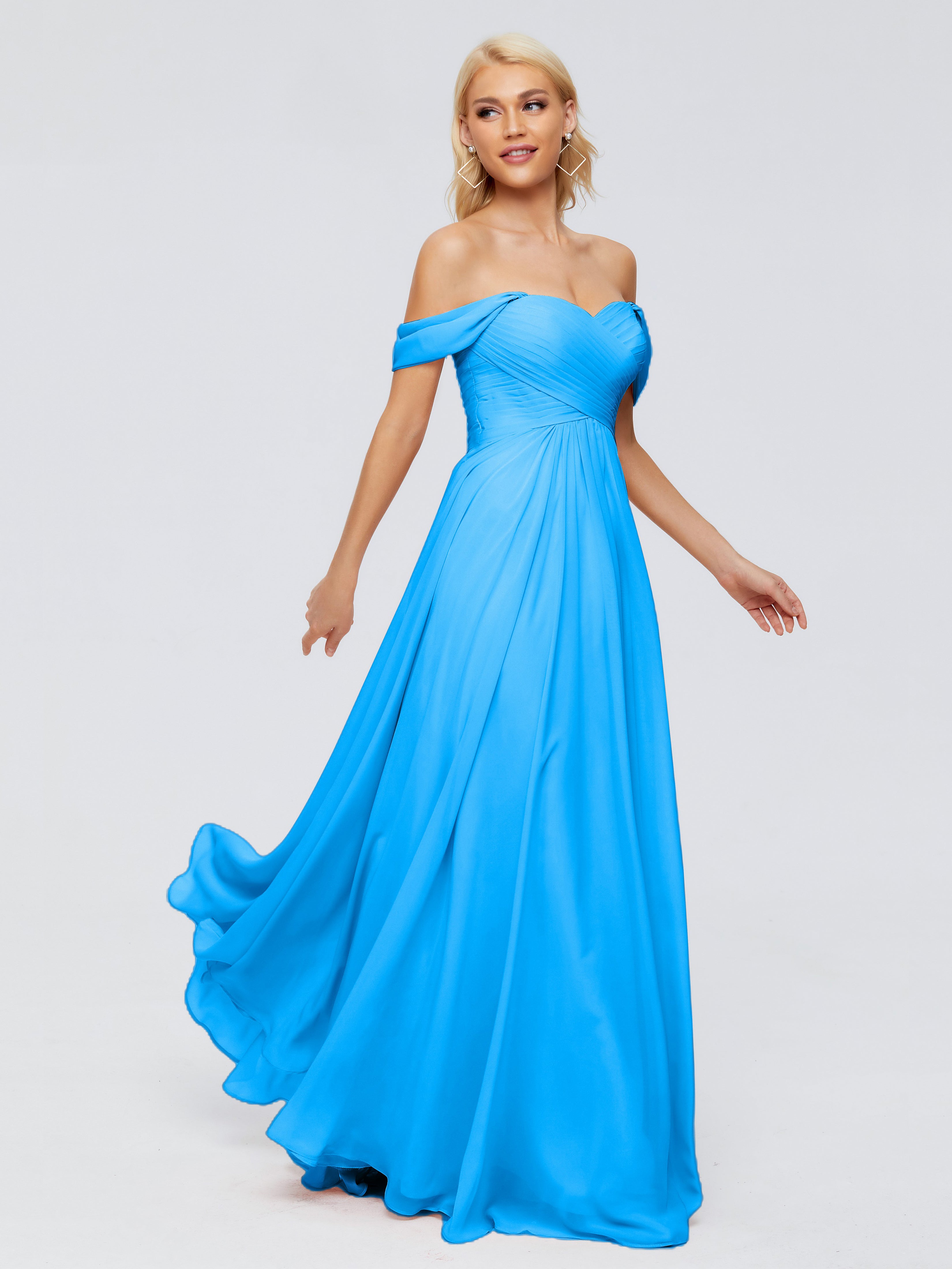 Robes De Demoiselle D'Honneur Bleu Océan Trapèze Encolure Dégagée Mousseline Robes Demoiselle D'Honneur