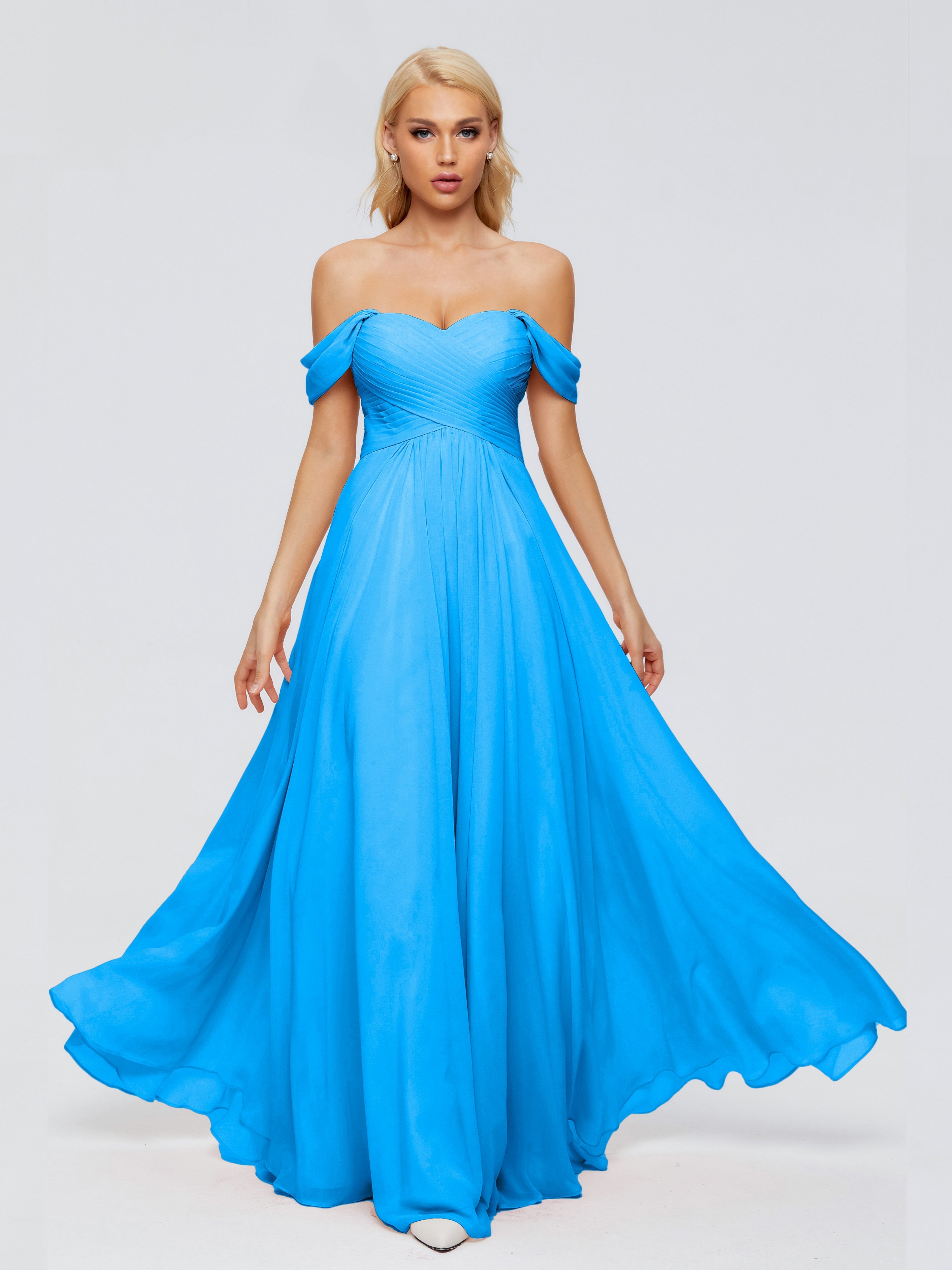 Robes De Demoiselle D'Honneur Bleu Océan Trapèze Encolure Dégagée Mousseline Robes Demoiselle D'Honneur