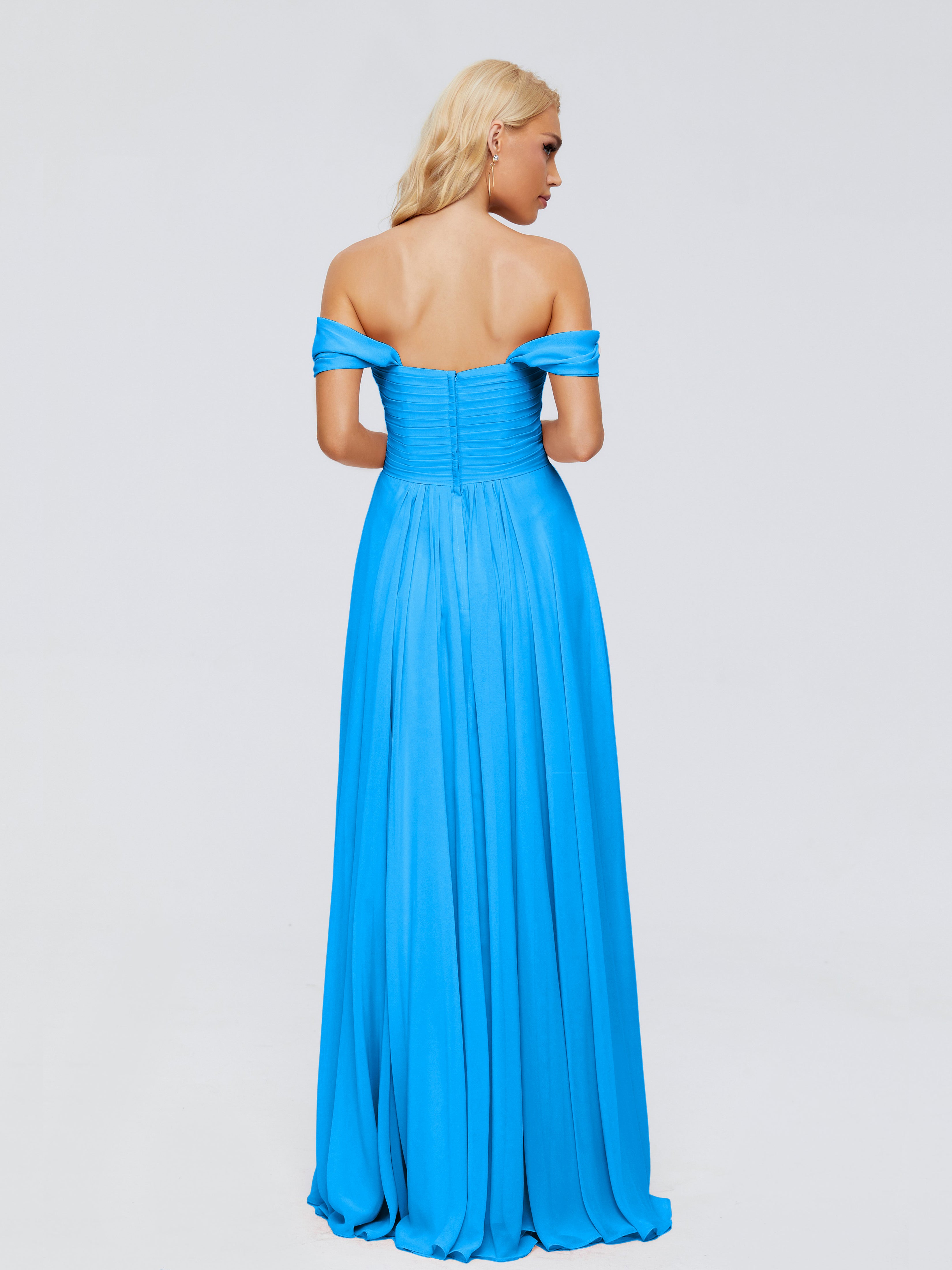 Robes De Demoiselle D'Honneur Bleu Océan Trapèze Encolure Dégagée Mousseline Robes Demoiselle D'Honneur