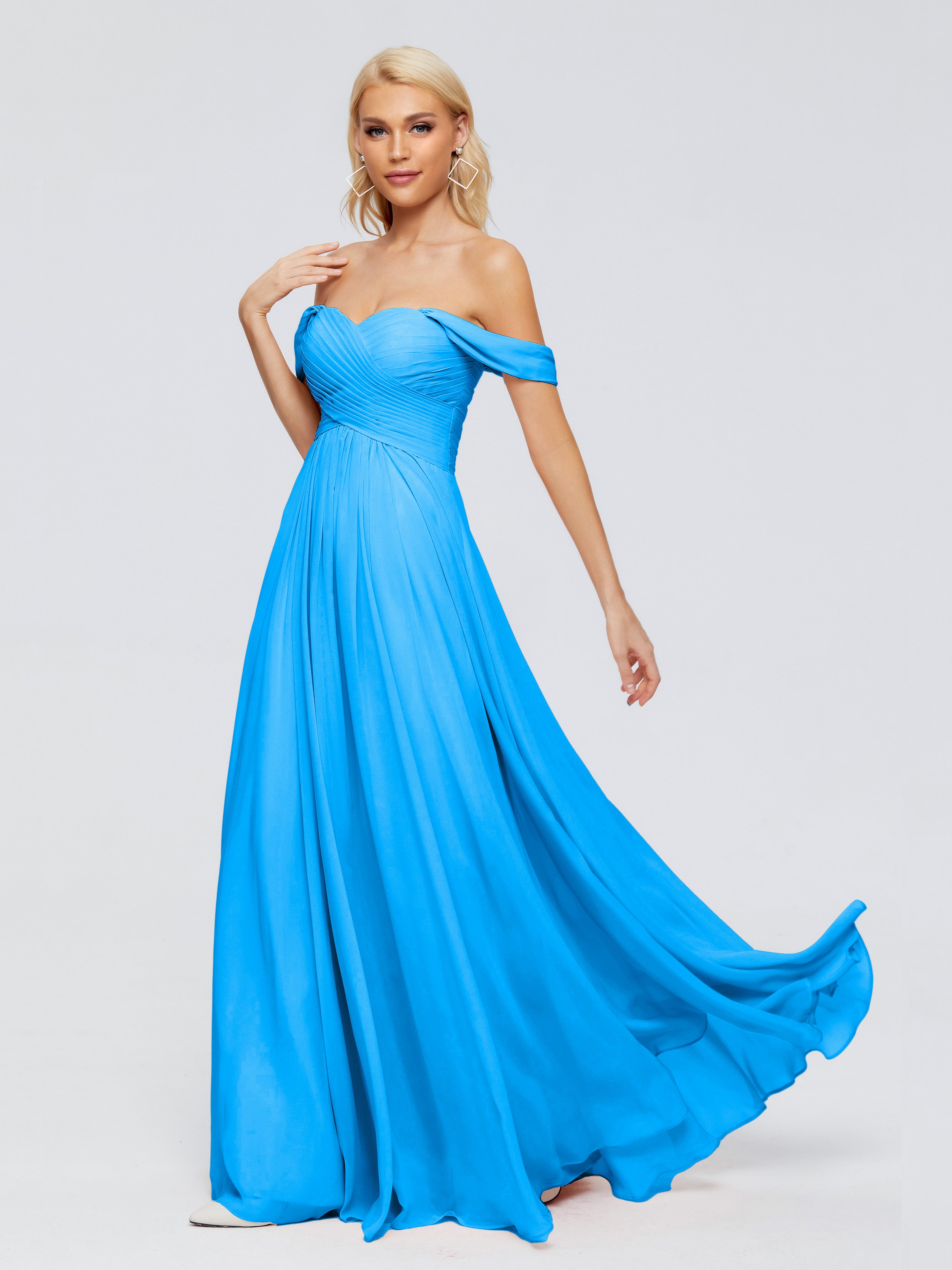 Robes De Demoiselle D'Honneur Bleu Océan Trapèze Encolure Dégagée Mousseline Robes Demoiselle D'Honneur