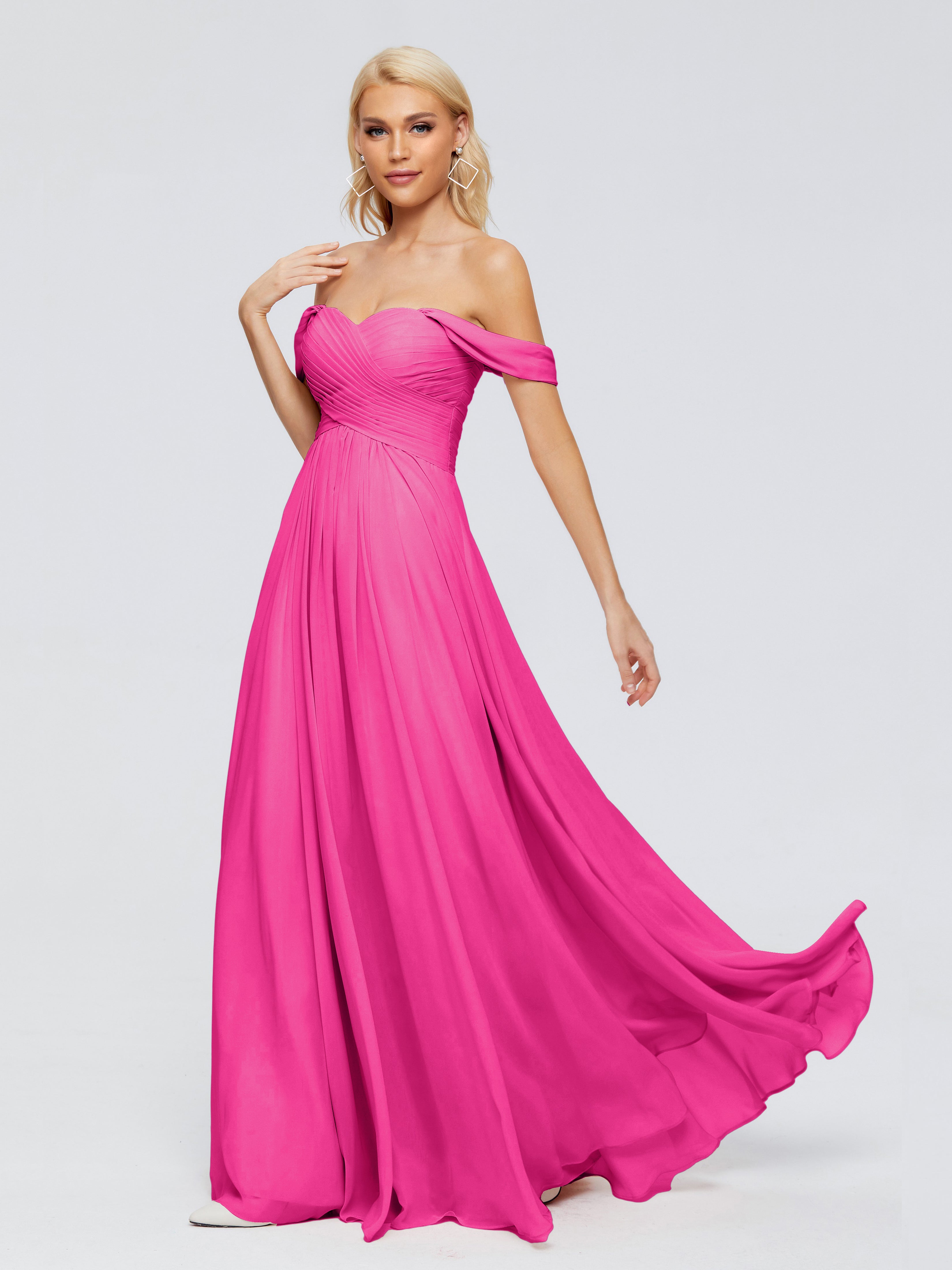 Robe Fuchsia Demoiselle D Honneur Trapèze Encolure Dégagée Mousseline Robes Demoiselle D'Honneur