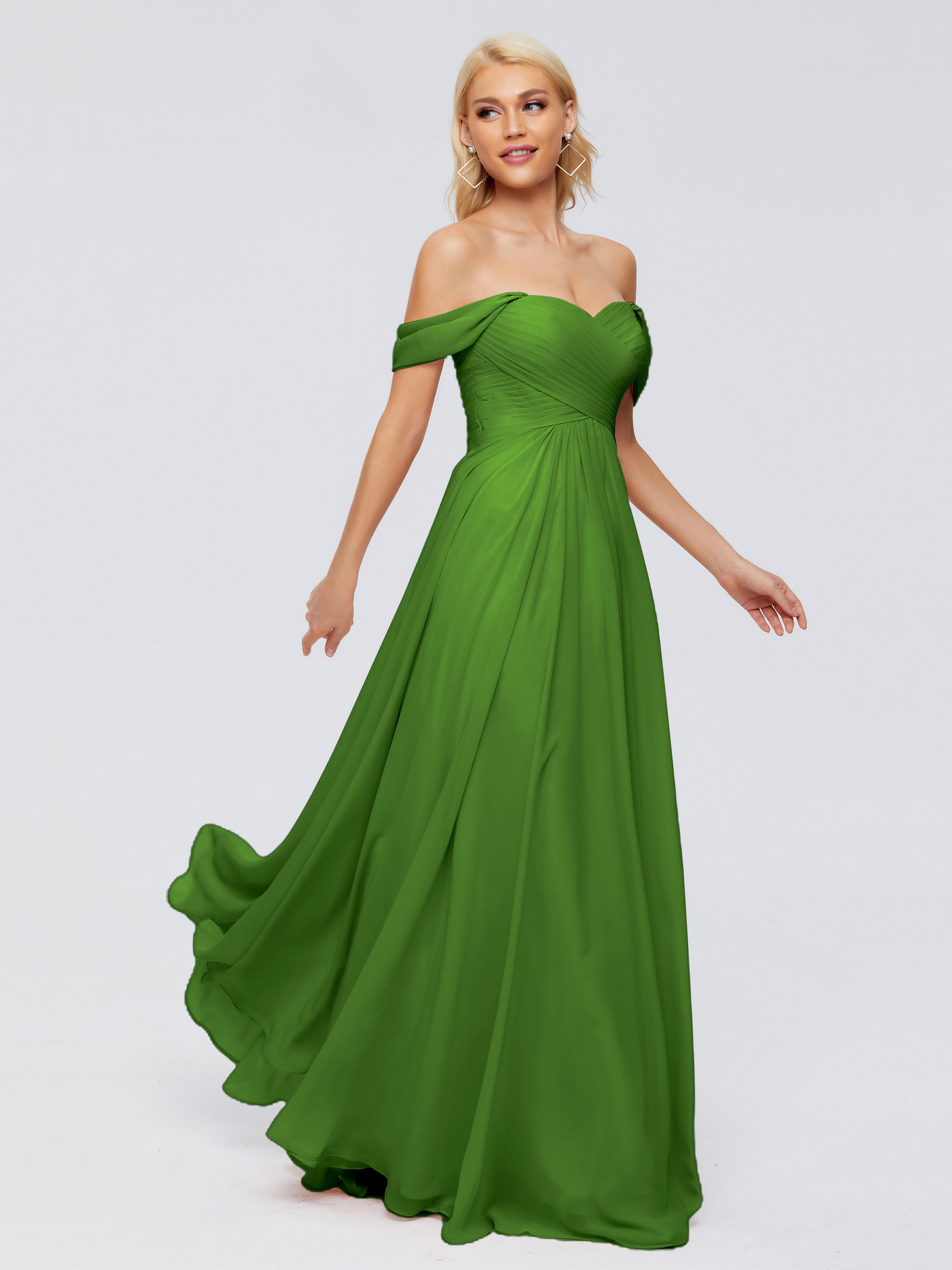 Robes De Demoiselle D'Honneur Vert Mousse Trapèze Encolure Dégagée Mousseline Robes Demoiselle D'Honneur