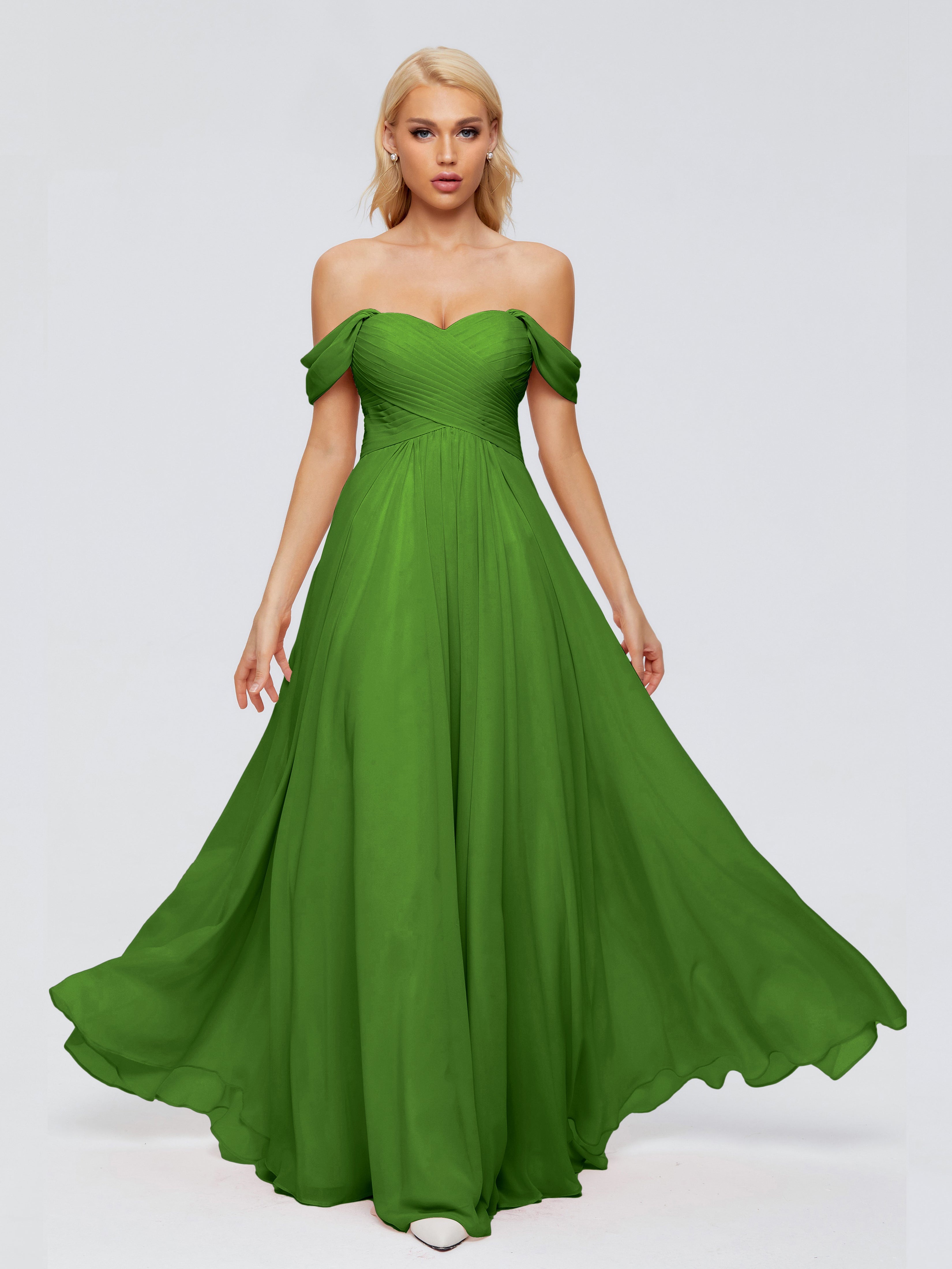 Robes De Demoiselle D'Honneur Vert Mousse Trapèze Encolure Dégagée Mousseline Robes Demoiselle D'Honneur