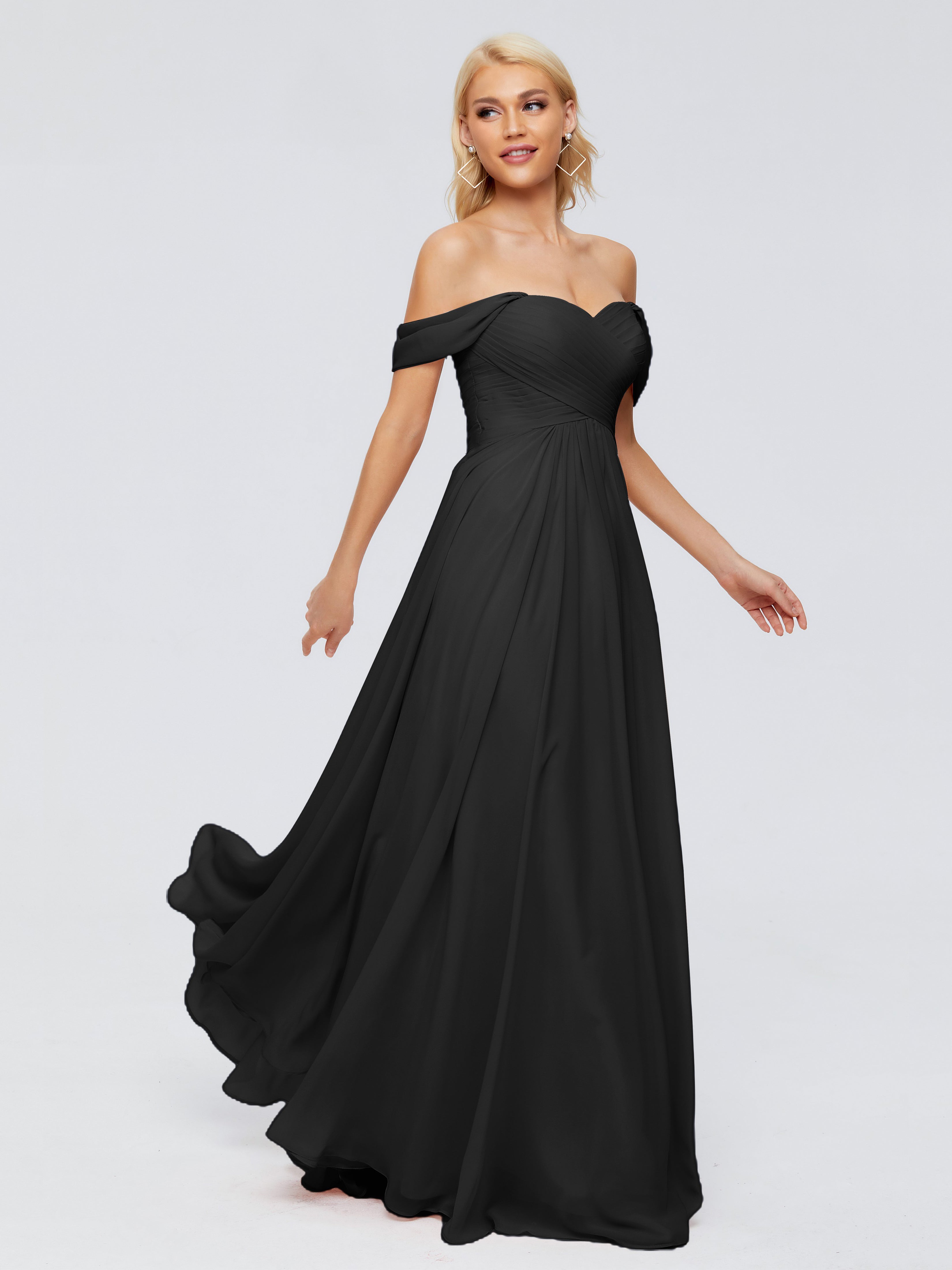 Robe Demoiselle D Honneur Noir Trapèze Encolure Dégagée Mousseline Robes Demoiselle D'Honneur