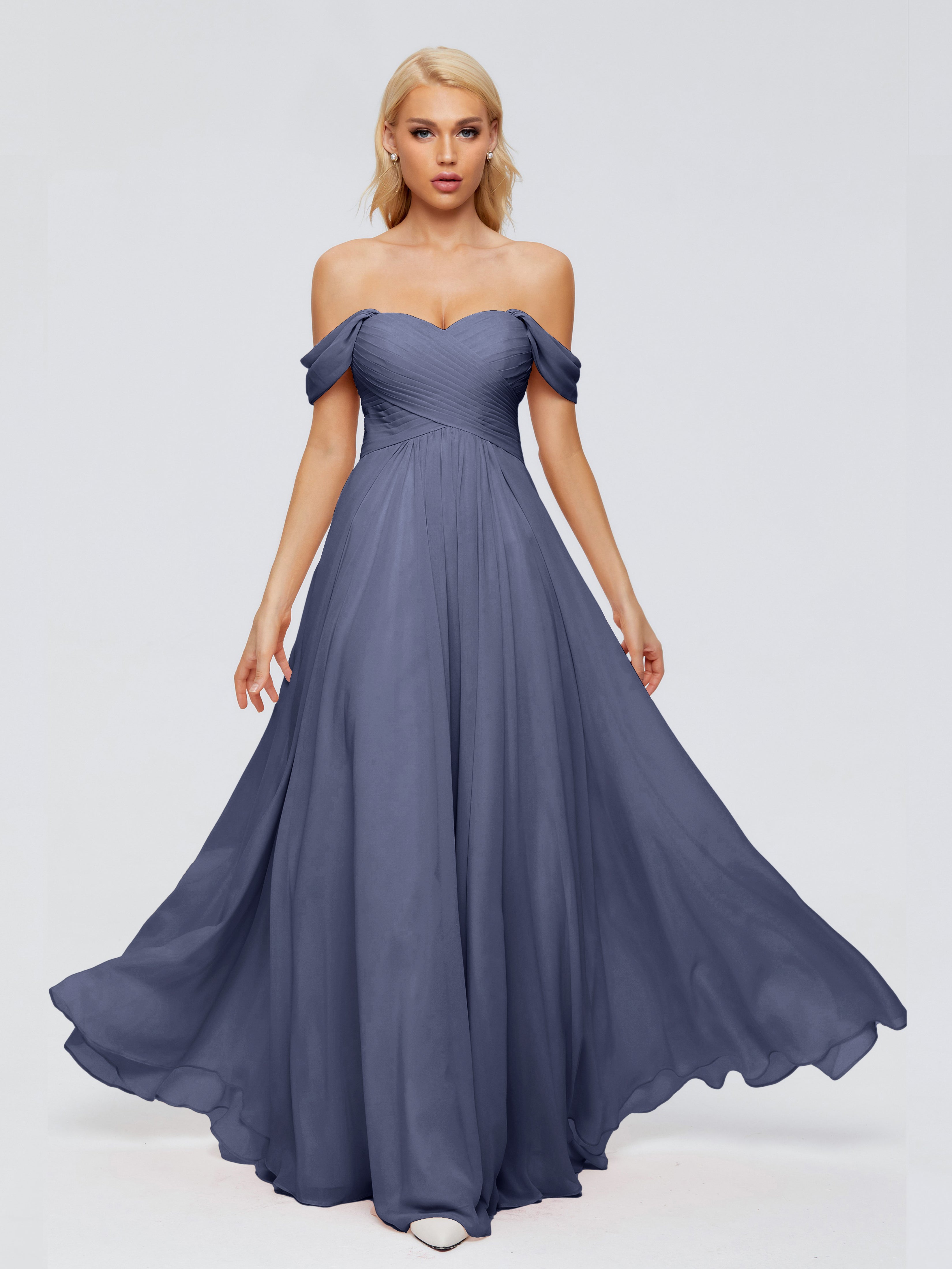 Robes De Demoiselle D'Honneur Bleu Orageux Trapèze Encolure Dégagée Mousseline Robes Demoiselle D'Honneur