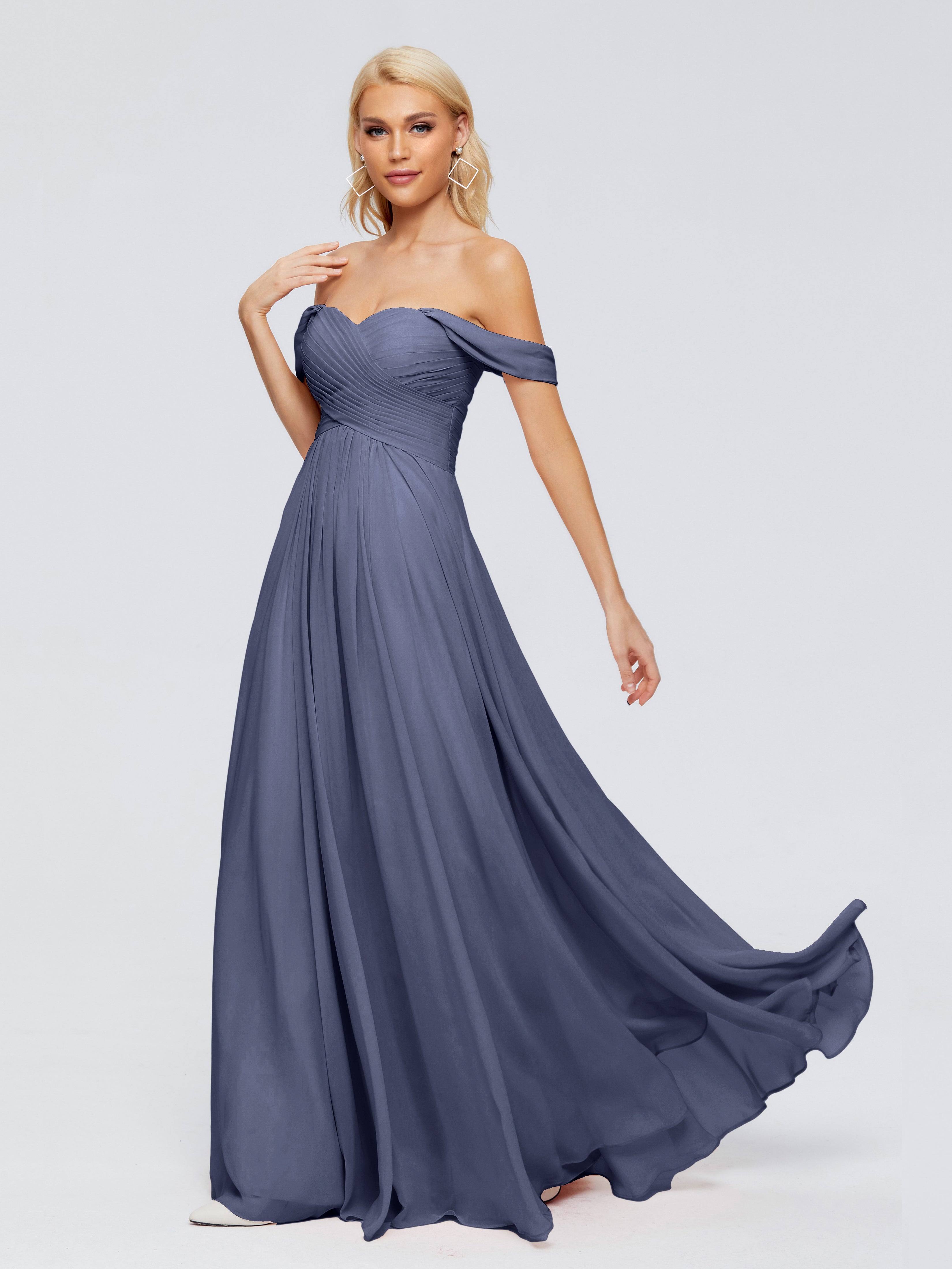 Robes De Demoiselle D'Honneur Bleu Orageux Trapèze Encolure Dégagée Mousseline Robes Demoiselle D'Honneur