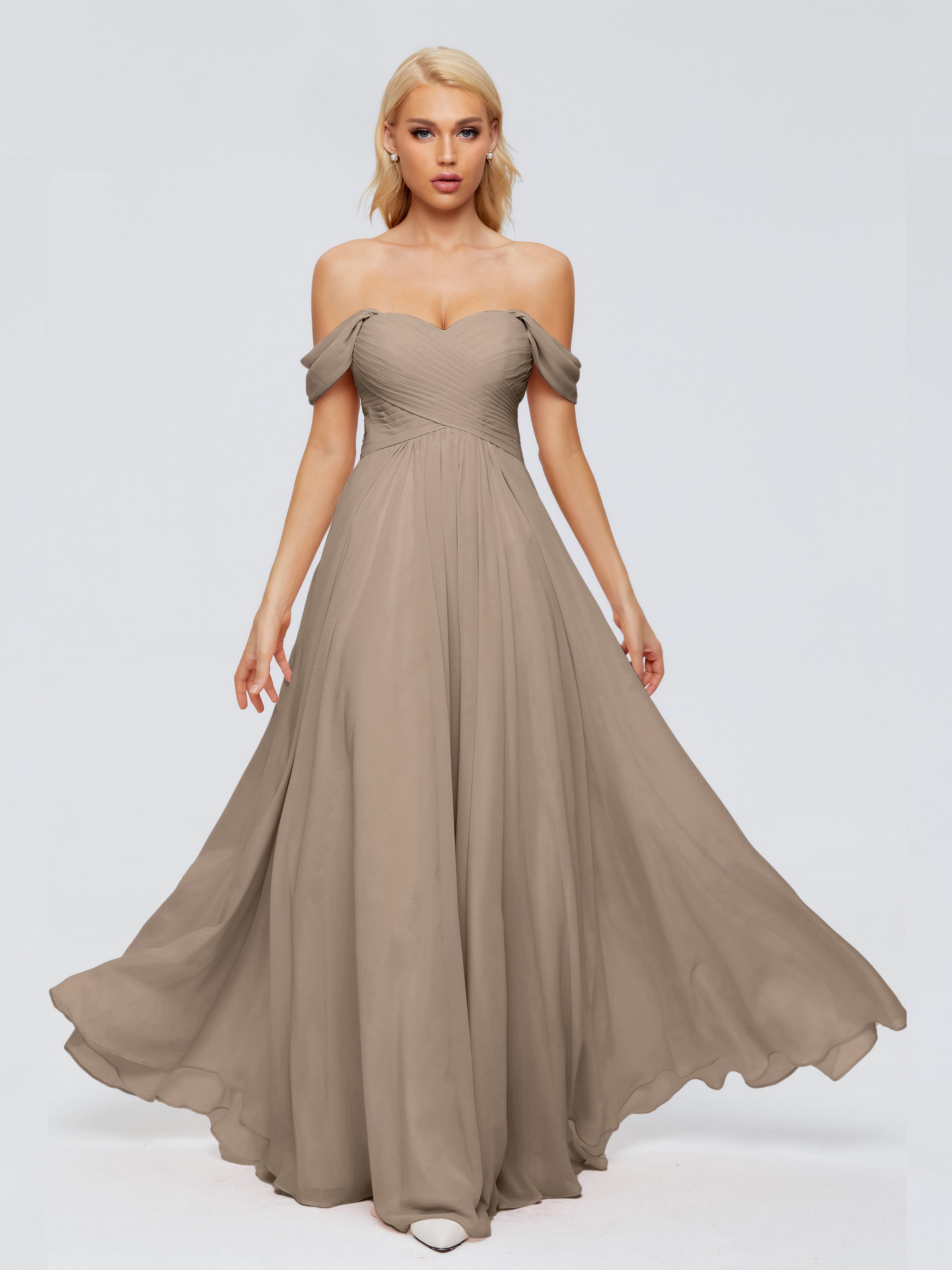 Robe Ceremonie Taupe Trapèze Encolure Dégagée Mousseline Robes Demoiselle D'Honneur