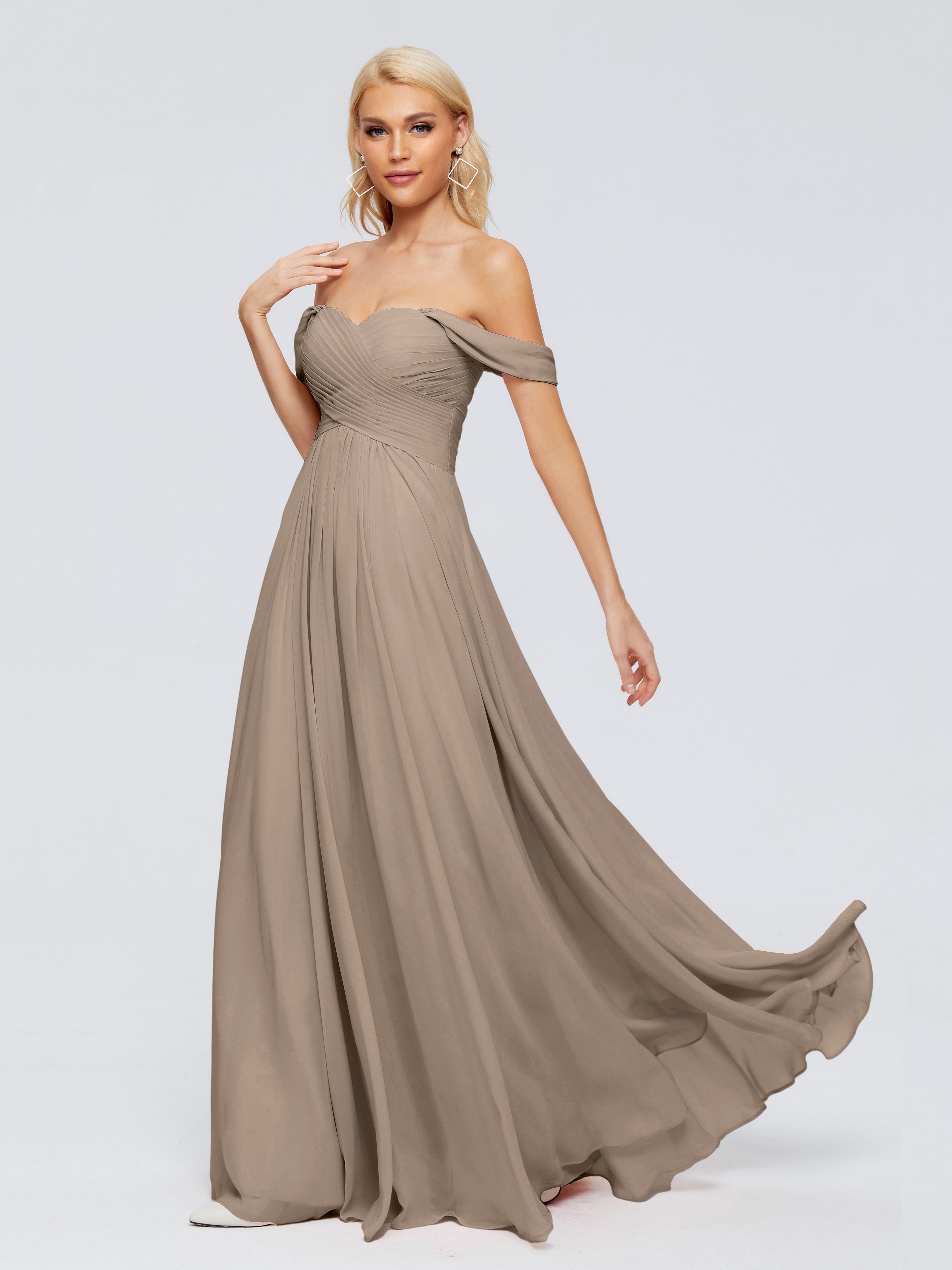 Robe Ceremonie Taupe Trapèze Encolure Dégagée Mousseline Robes Demoiselle D'Honneur