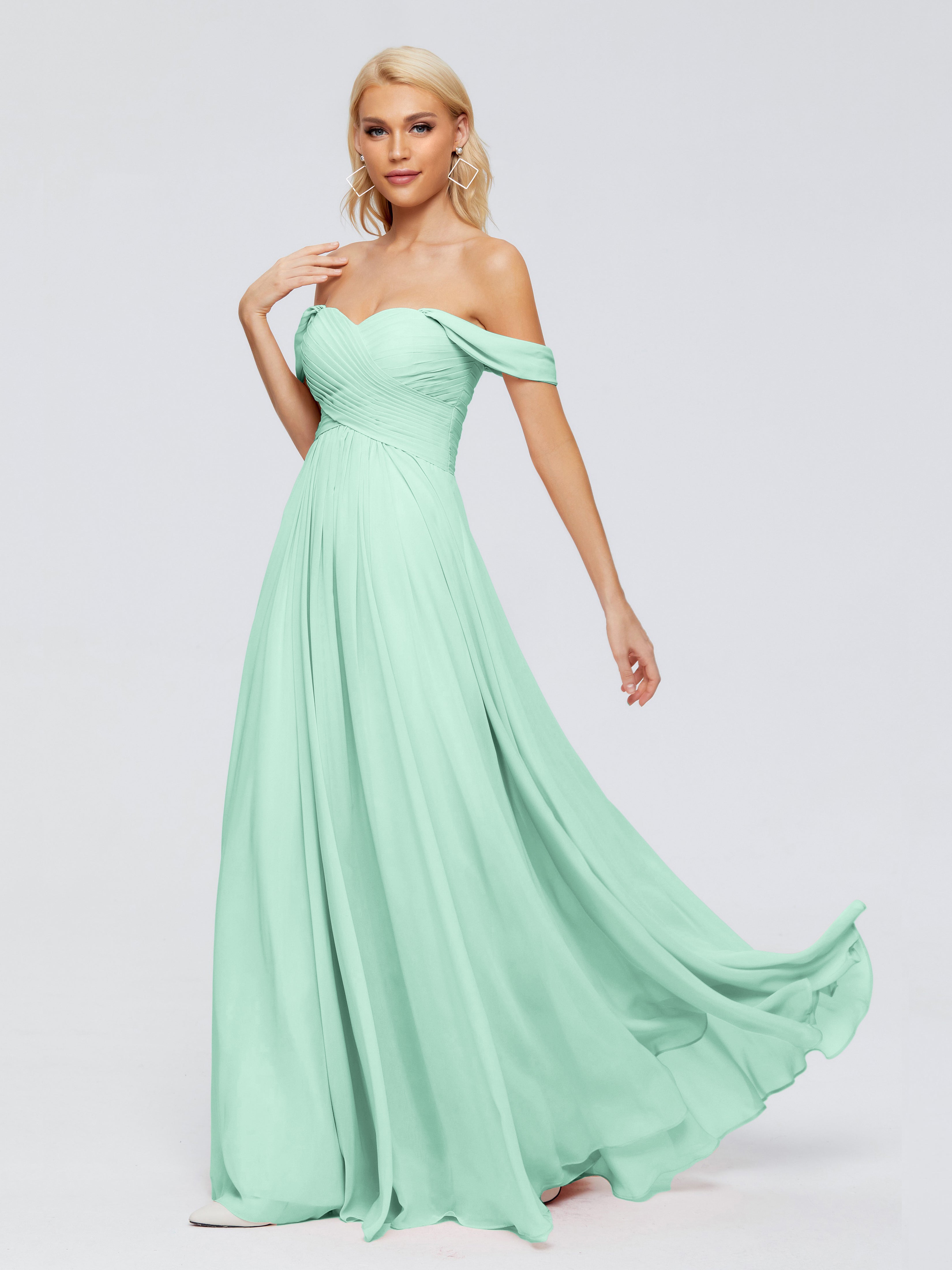 Robe Demoiselle D Honneur Vert Menthe Trapèze Encolure Dégagée Mousseline Robes Demoiselle D'Honneur