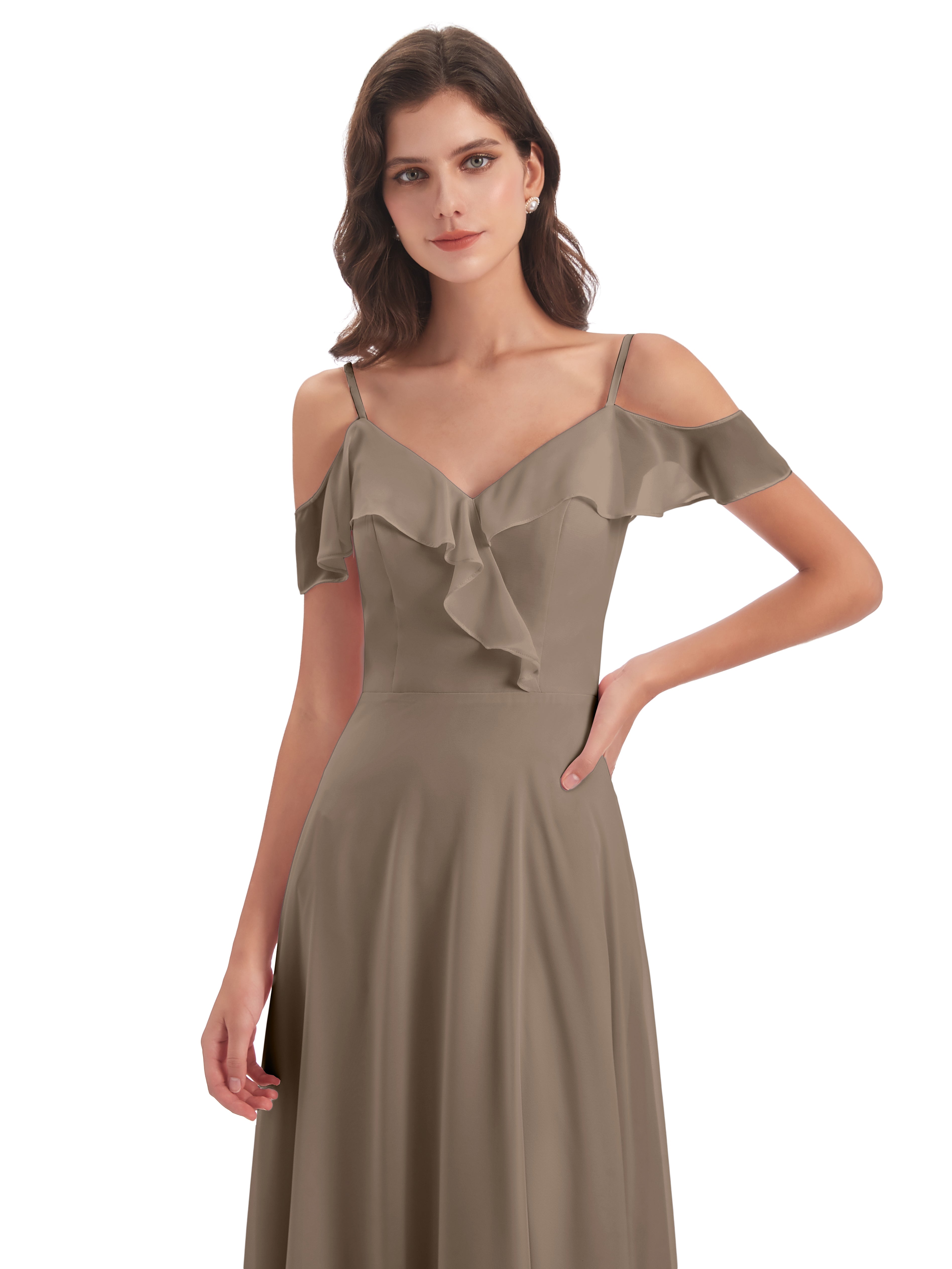Robe Taupe Demoiselle D Honneur Fourreau/Colonne Hors-La-Épaule Longue Robes Demoiselle D'Honneur