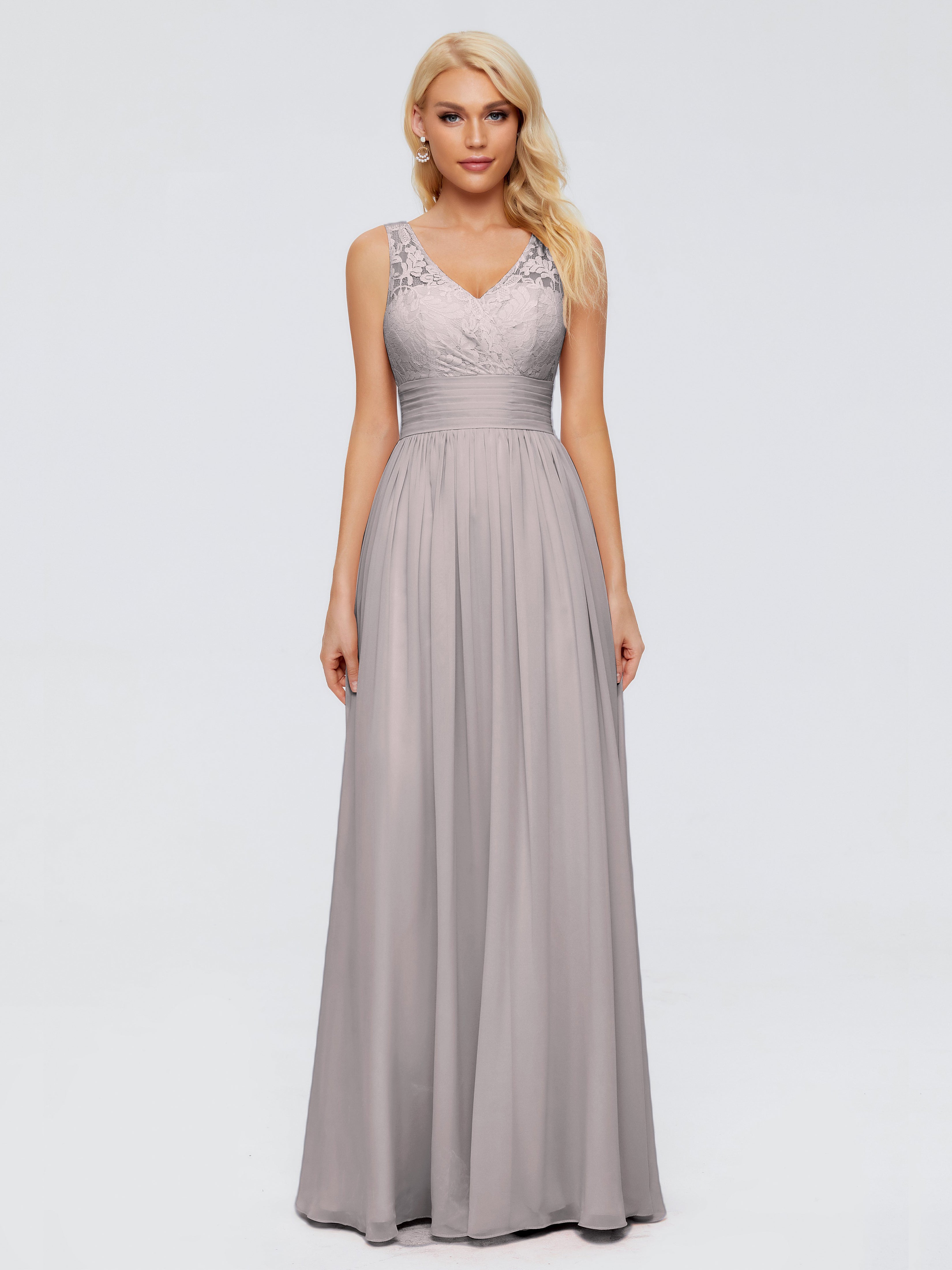 Robe Demoiselle D Honneur Argentée Trapèze Col V Bretelle Mousseline Robes Demoiselle D'Honneur