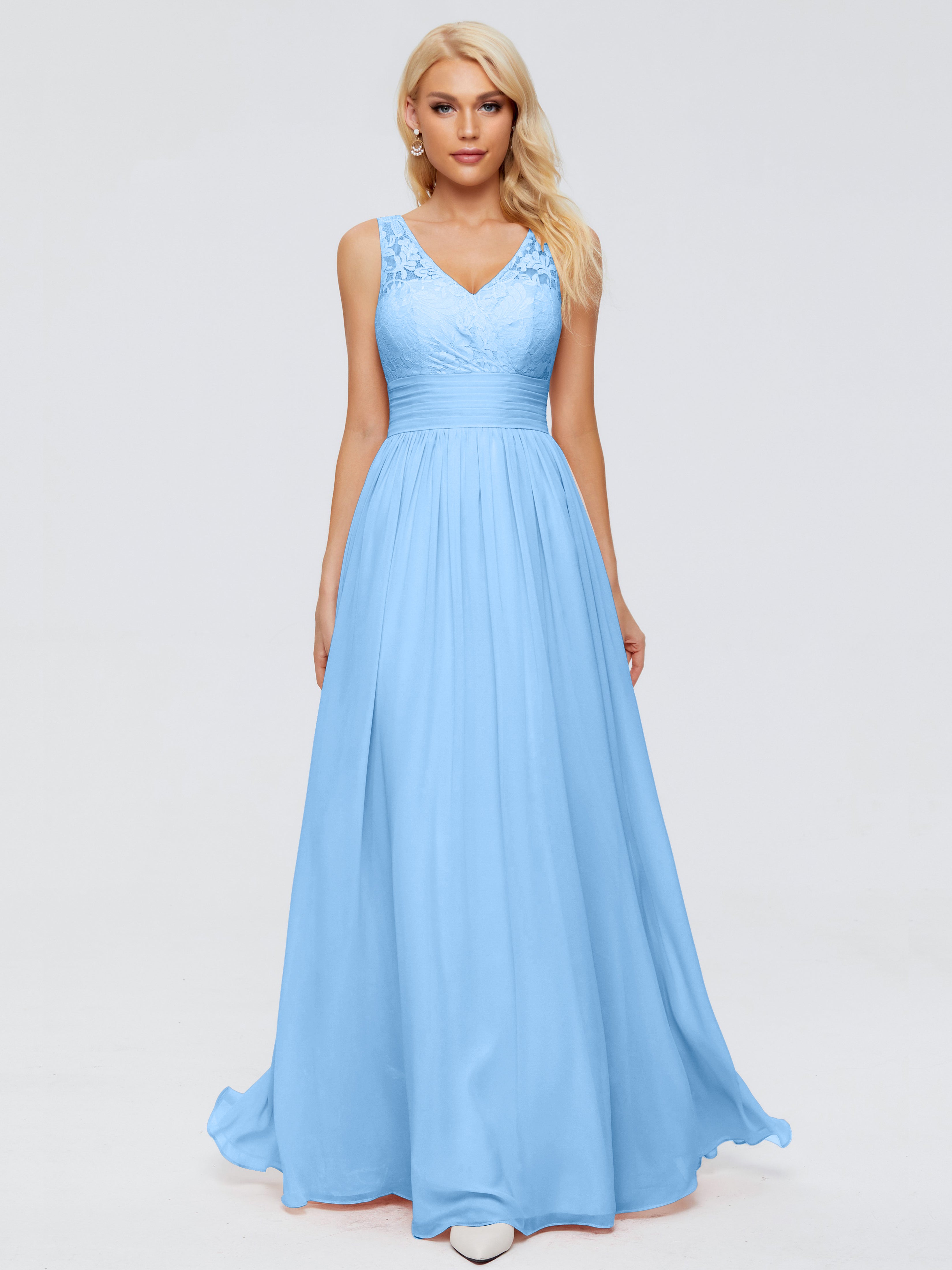 Demoiselle D Honneur Bleu Trapèze Col V Bretelle Mousseline Robes Demoiselle D'Honneur