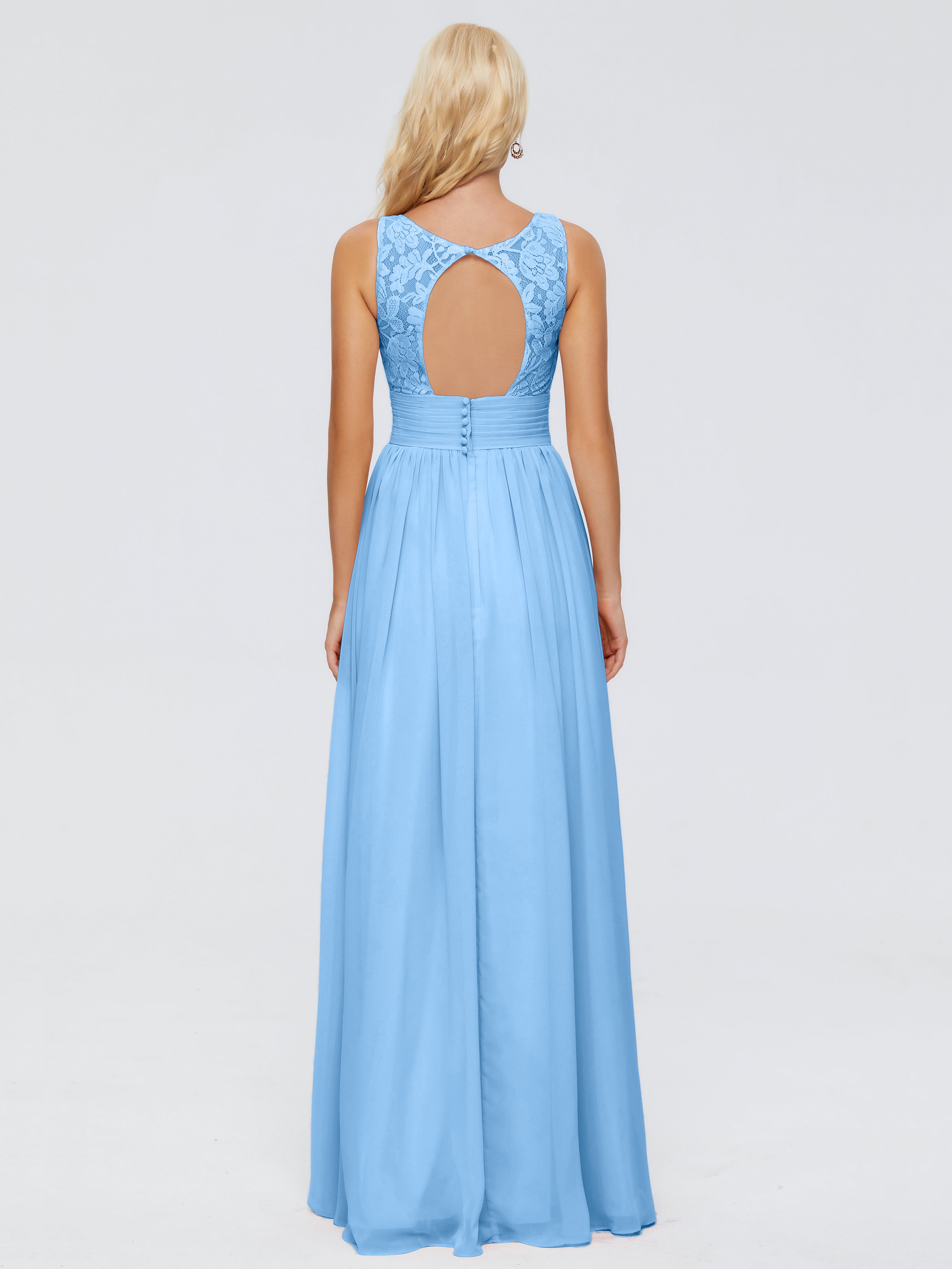 Demoiselle D Honneur Bleu Trapèze Col V Bretelle Mousseline Robes Demoiselle D'Honneur