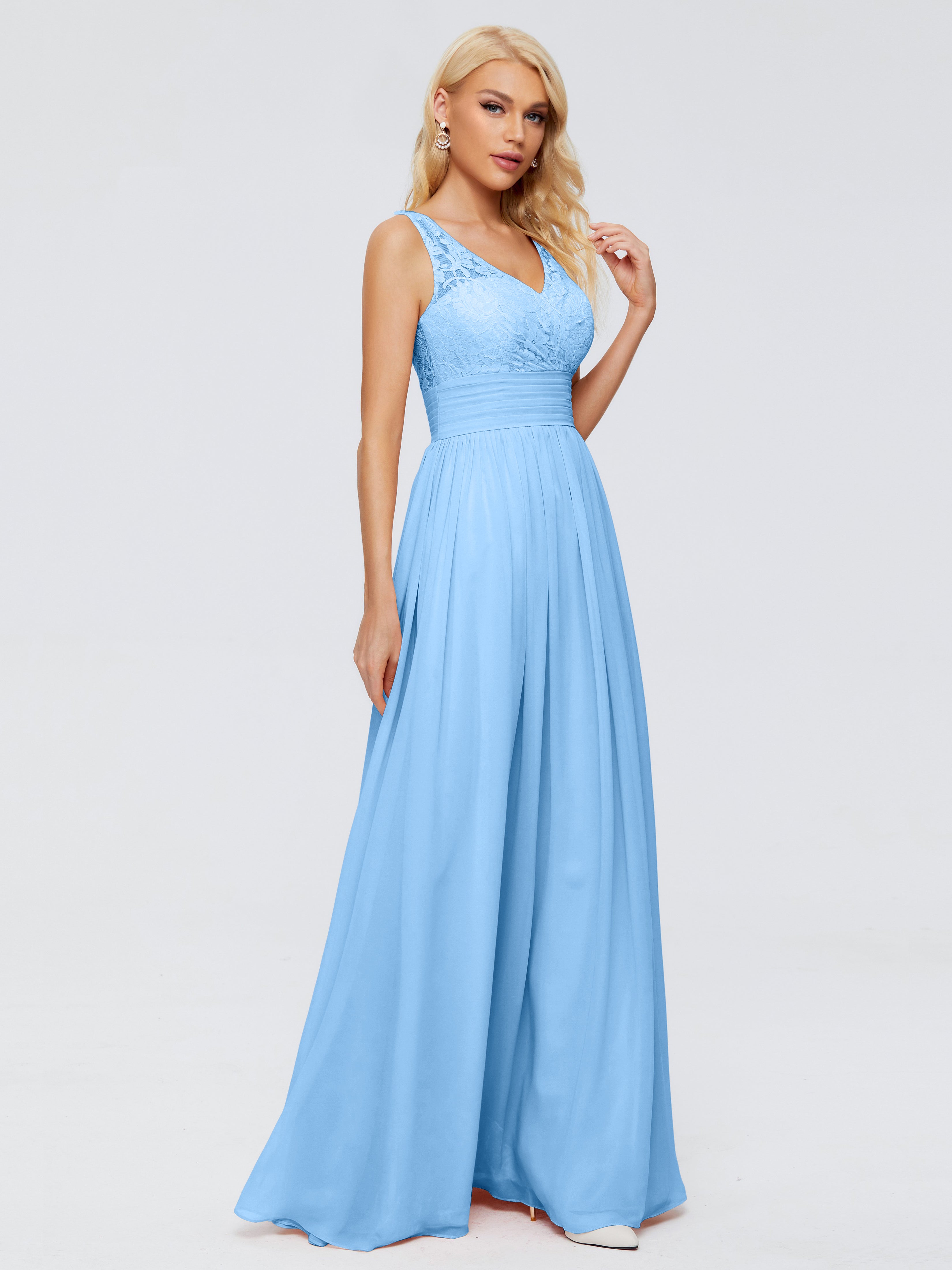 Demoiselle D Honneur Bleu Trapèze Col V Bretelle Mousseline Robes Demoiselle D'Honneur