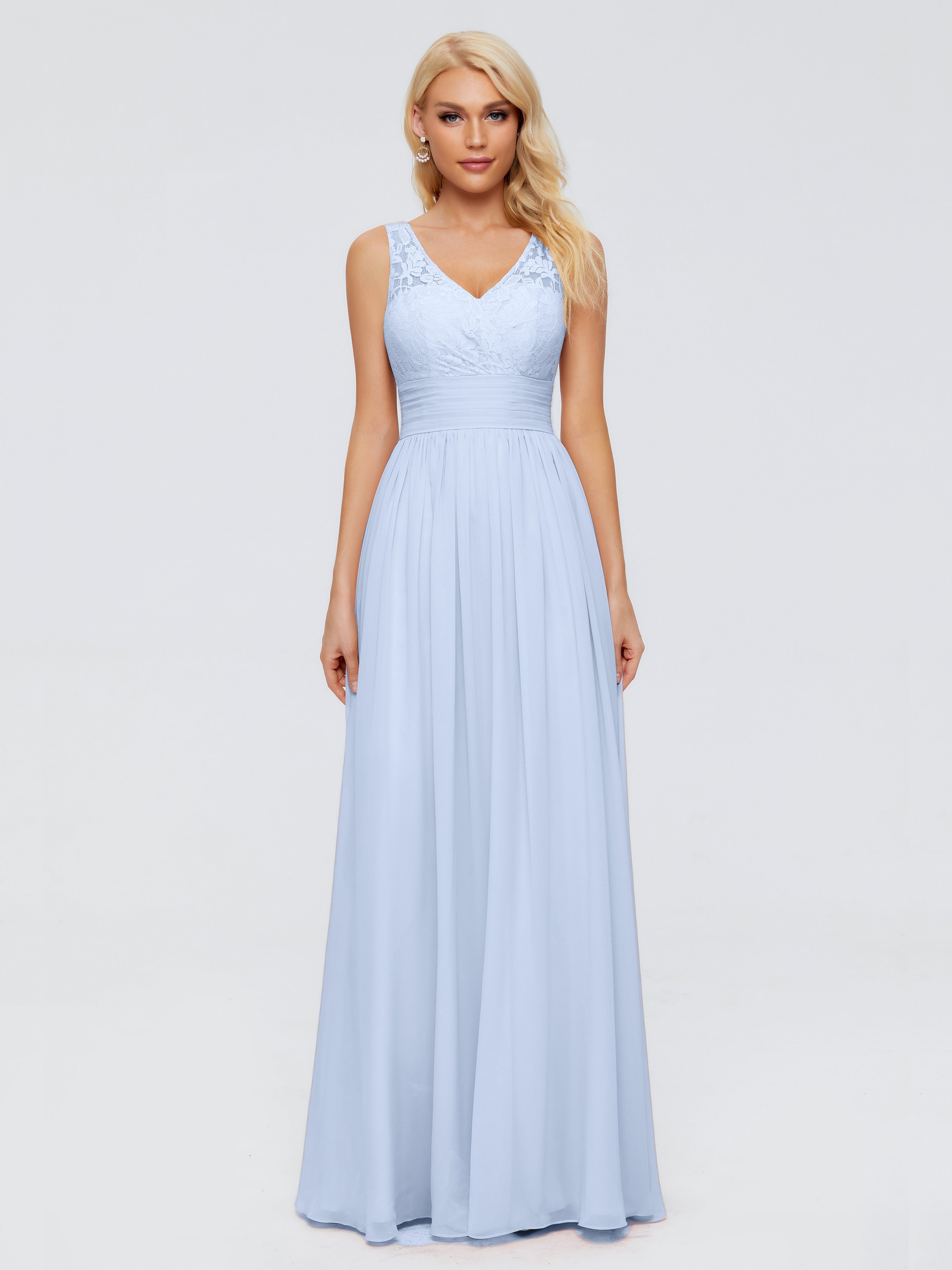 Robe Bleu Ciel Demoiselle D Honneur Trapèze Col V Bretelle Mousseline Robes Demoiselle D'Honneur