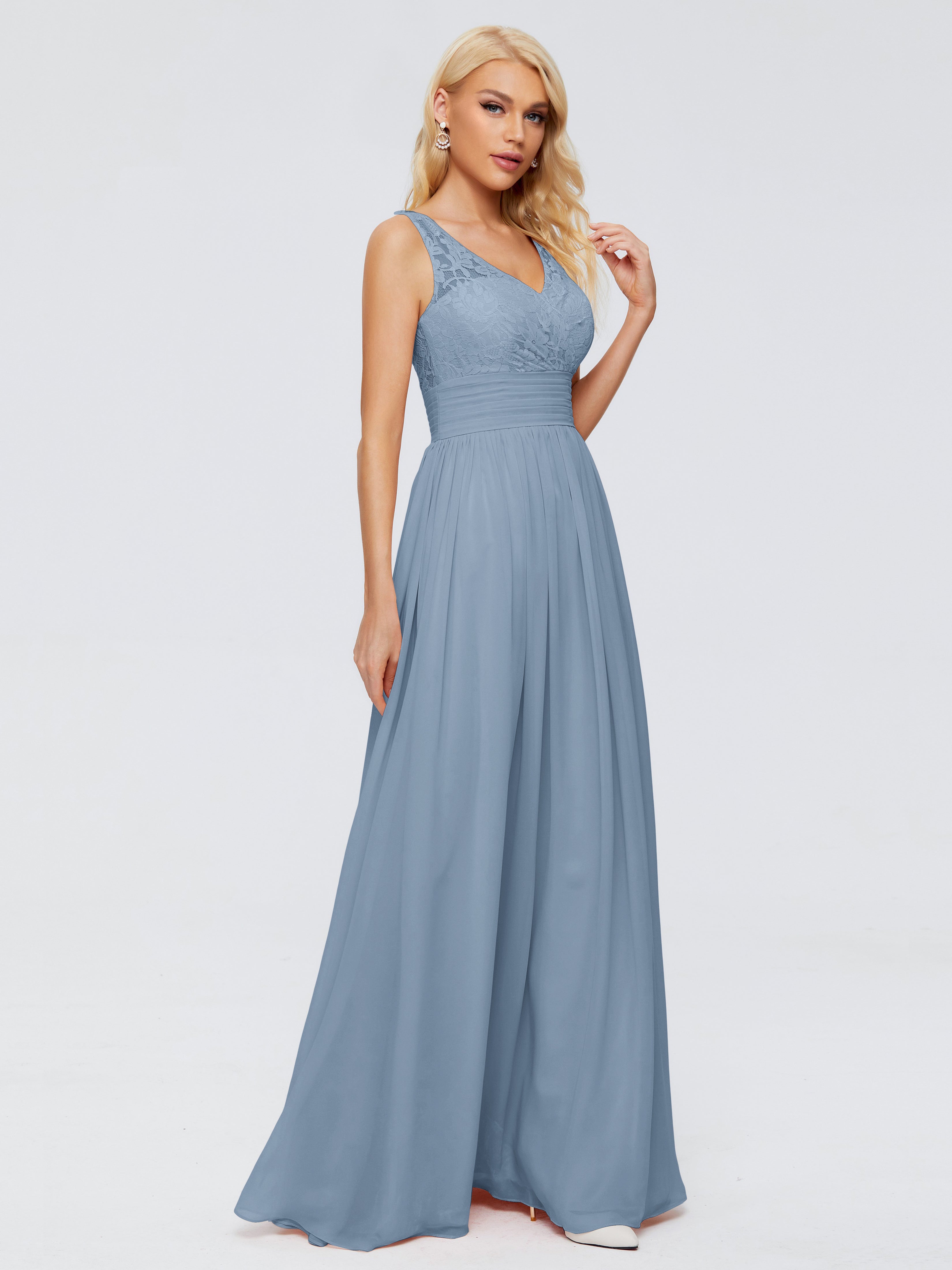 Robes De Demoiselle D'Honneur Bleu De Schiste Trapèze Sans Manches Col V Bretelle Mousseline Robes Demoiselle D'Honneur