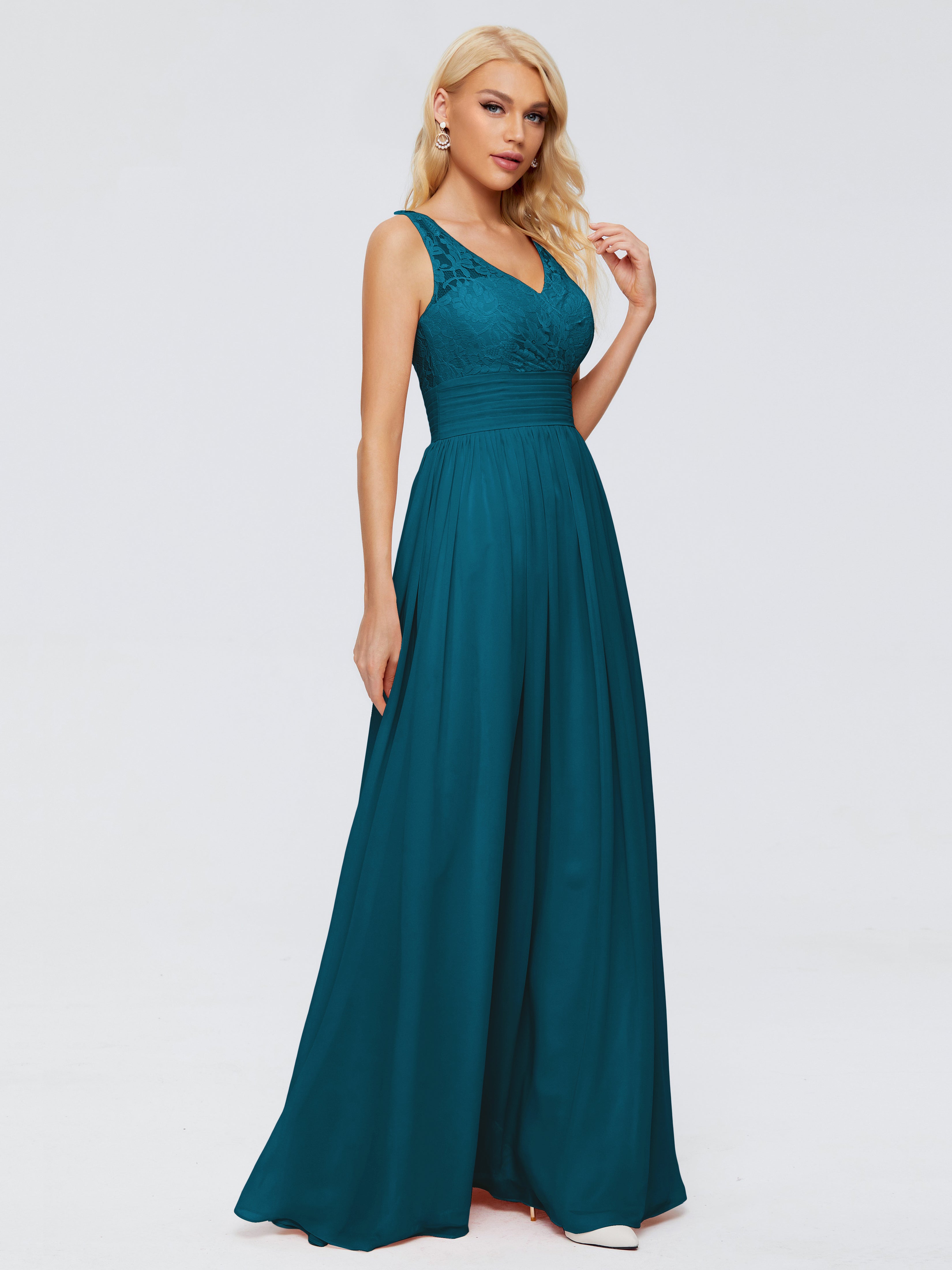 Robe De Demoiselle D'Honneur Bleu Encre Trapèze Col V Bretelle Mousseline Robes Demoiselle D'Honneur