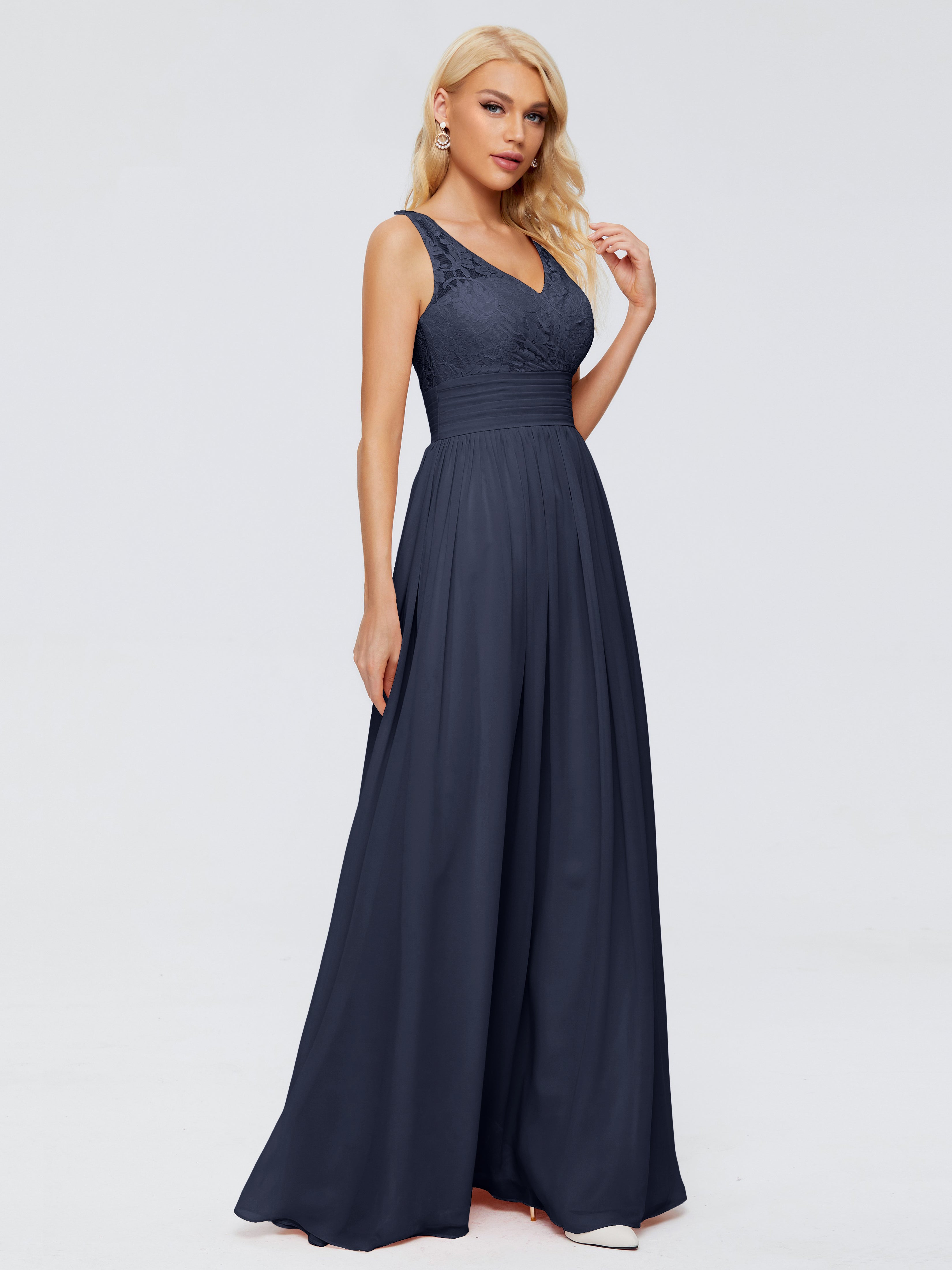 Robe Demoiselle D Honneur Bleu Marine Trapèze Col V Bretelle Mousseline Robes Demoiselle D'Honneur