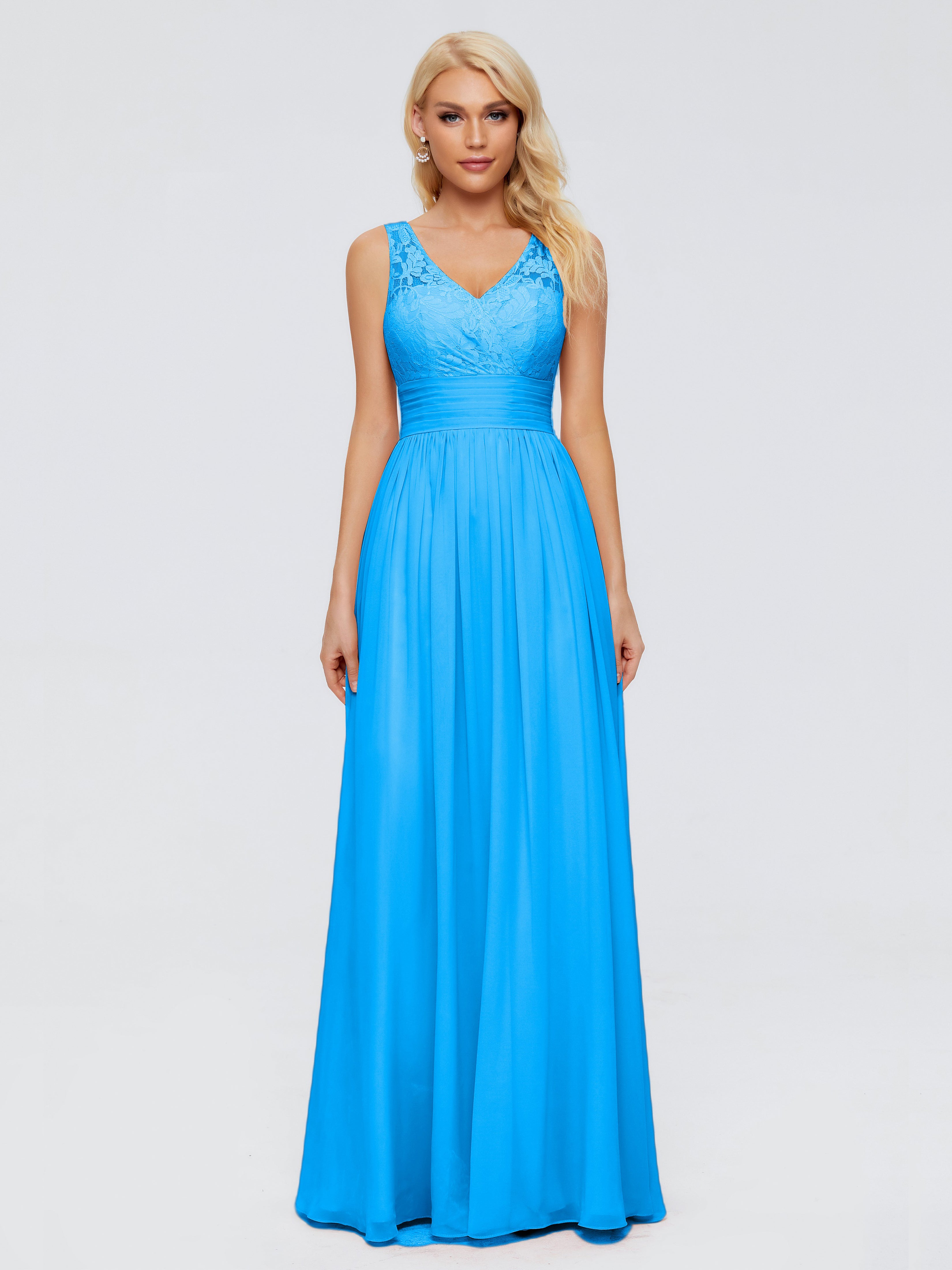 Robes De Demoiselle D'Honneur Bleu Océan Trapèze Sans Manches Col V Bretelle Mousseline Robes Demoiselle D'Honneur