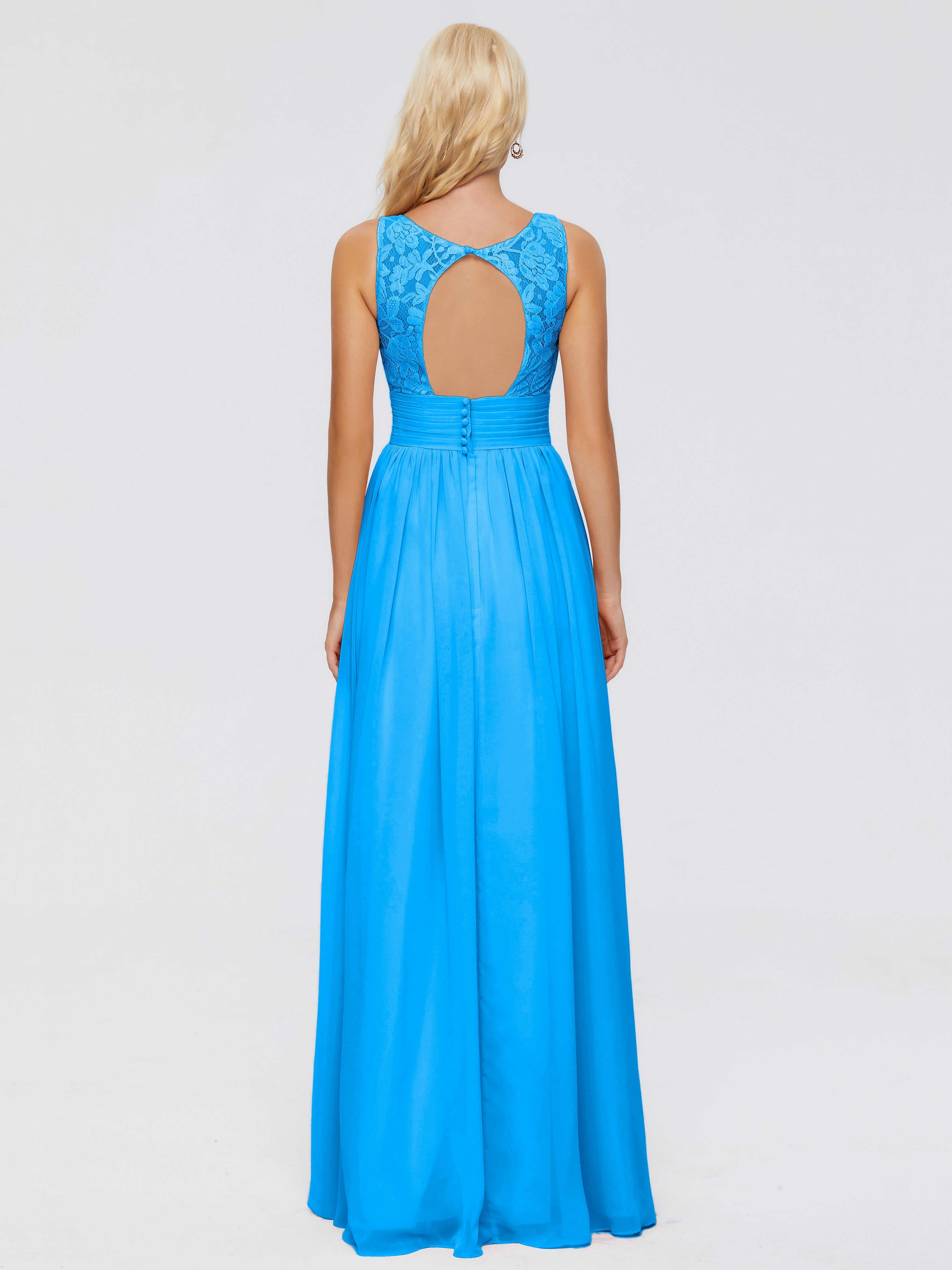 Robes De Demoiselle D'Honneur Bleu Océan Trapèze Sans Manches Col V Bretelle Mousseline Robes Demoiselle D'Honneur