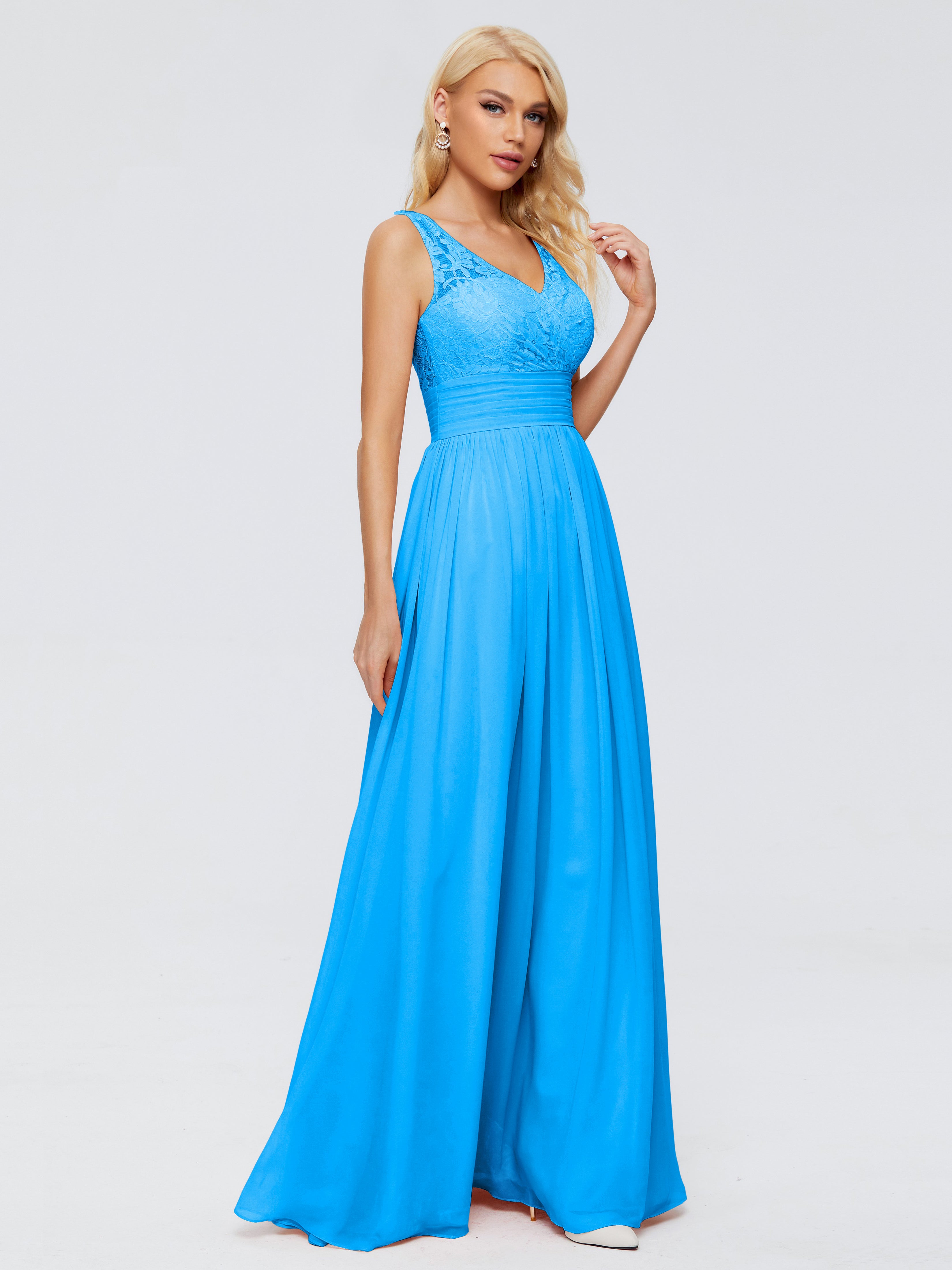 Robes De Demoiselle D'Honneur Bleu Océan Trapèze Sans Manches Col V Bretelle Mousseline Robes Demoiselle D'Honneur