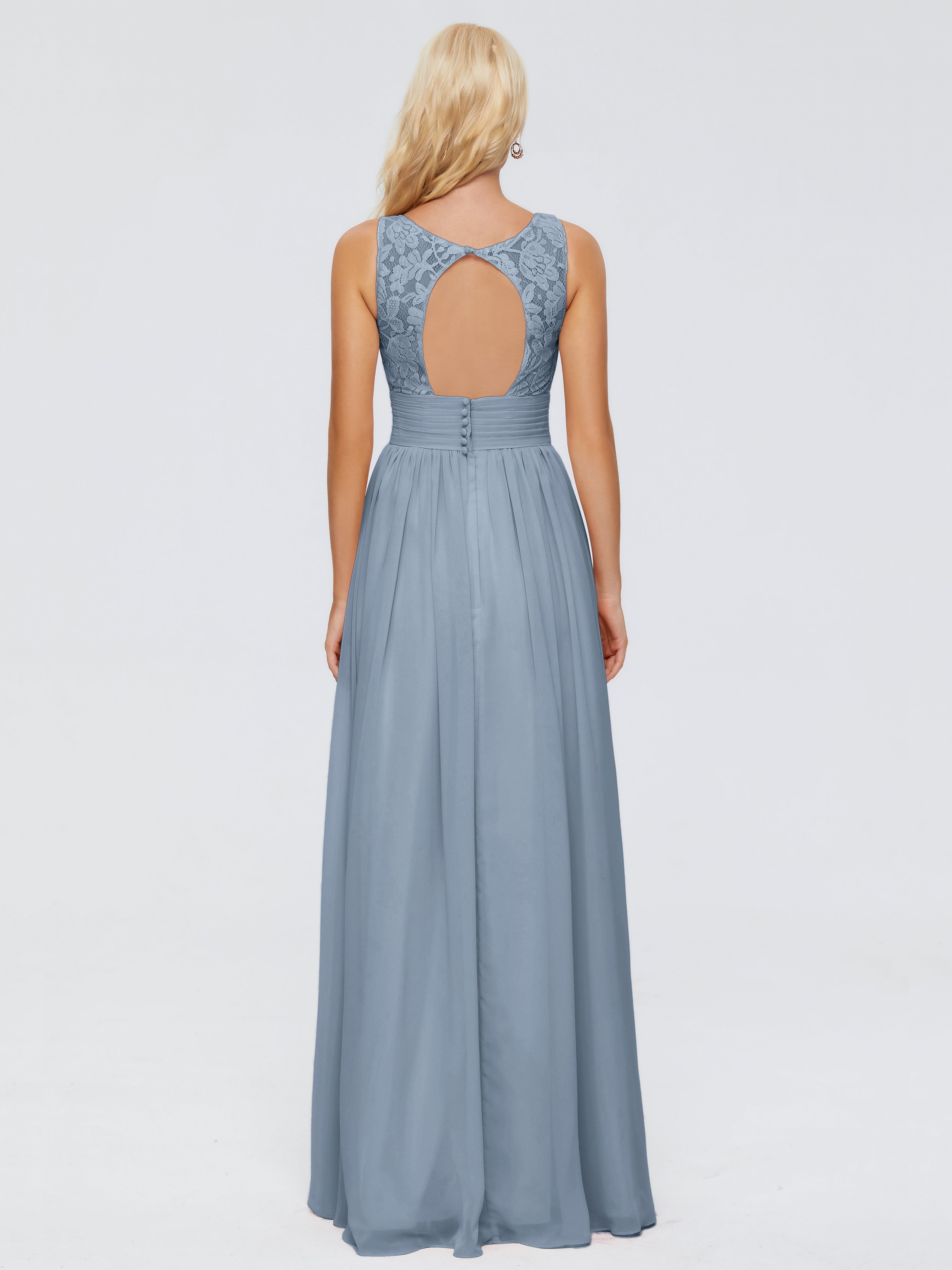 Robes De Demoiselle D'Honneur Bleu Poussiéreux Trapèze Col V Bretelle Mousseline Robes Demoiselle D'Honneur