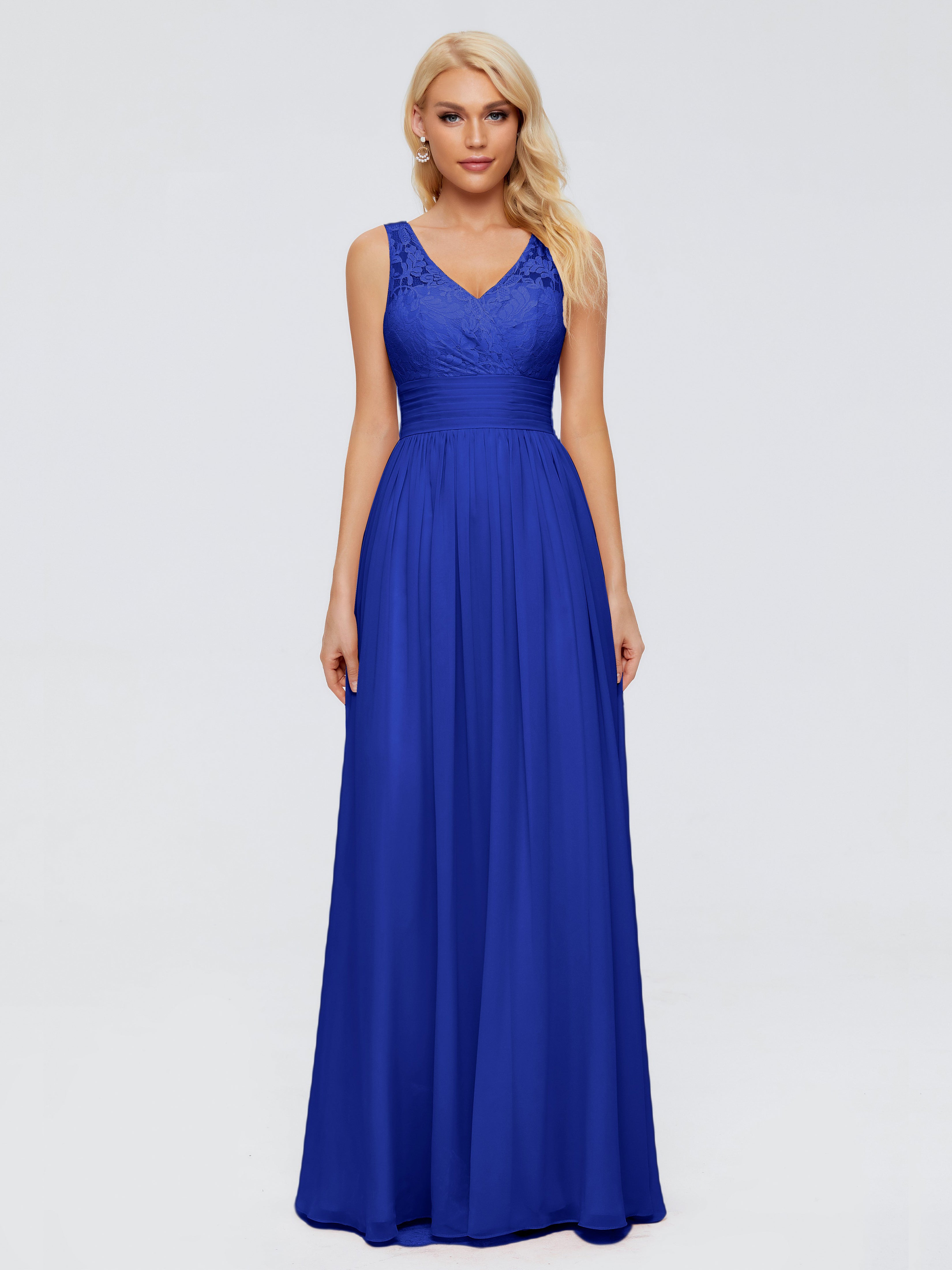 Demoiselle Dhonneur Robe Longue Bleu Roi Trapèze Col V Bretelle Mousseline Robes Demoiselle D'Honneur