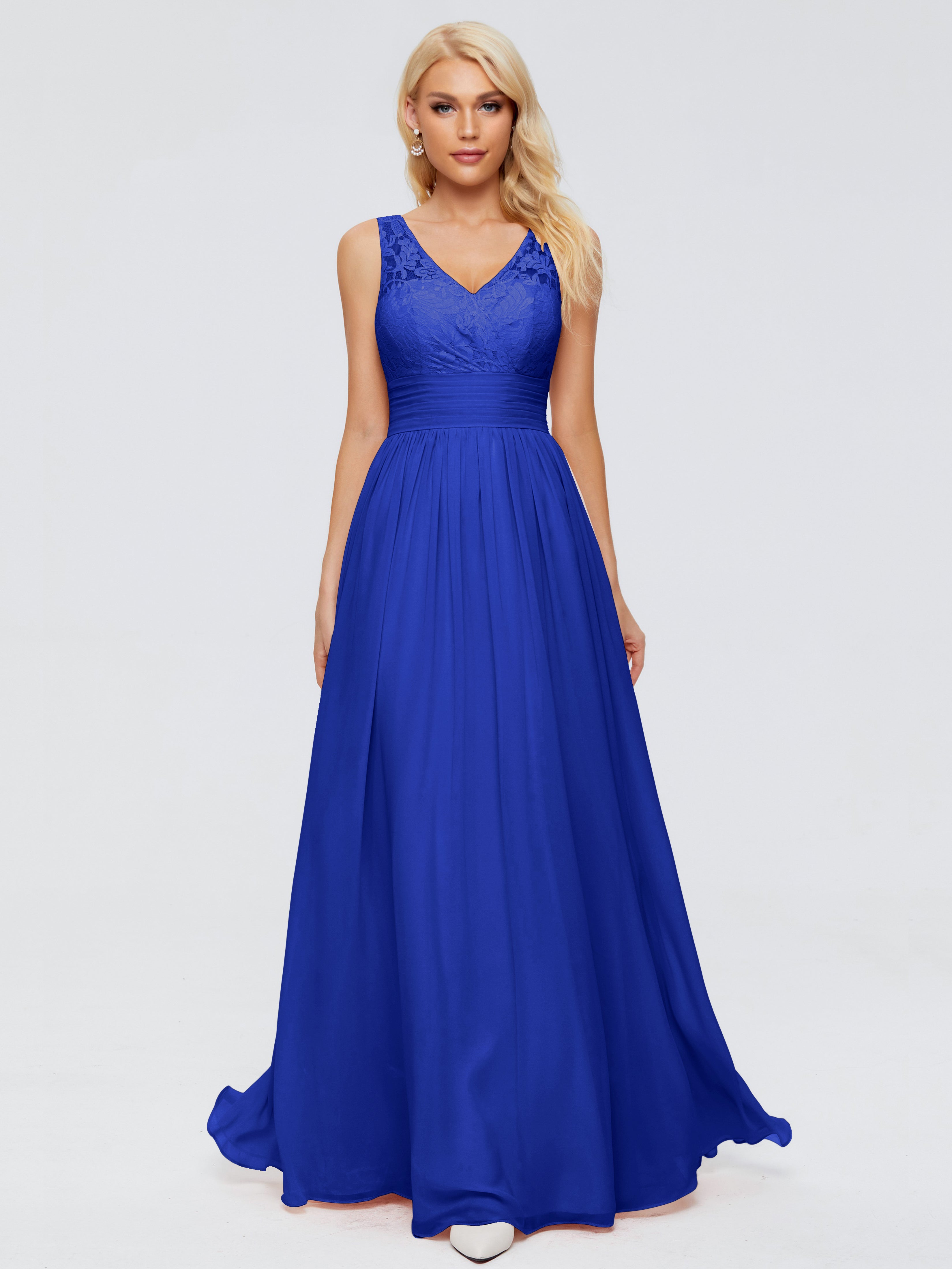 Demoiselle Dhonneur Robe Longue Bleu Roi Trapèze Col V Bretelle Mousseline Robes Demoiselle D'Honneur