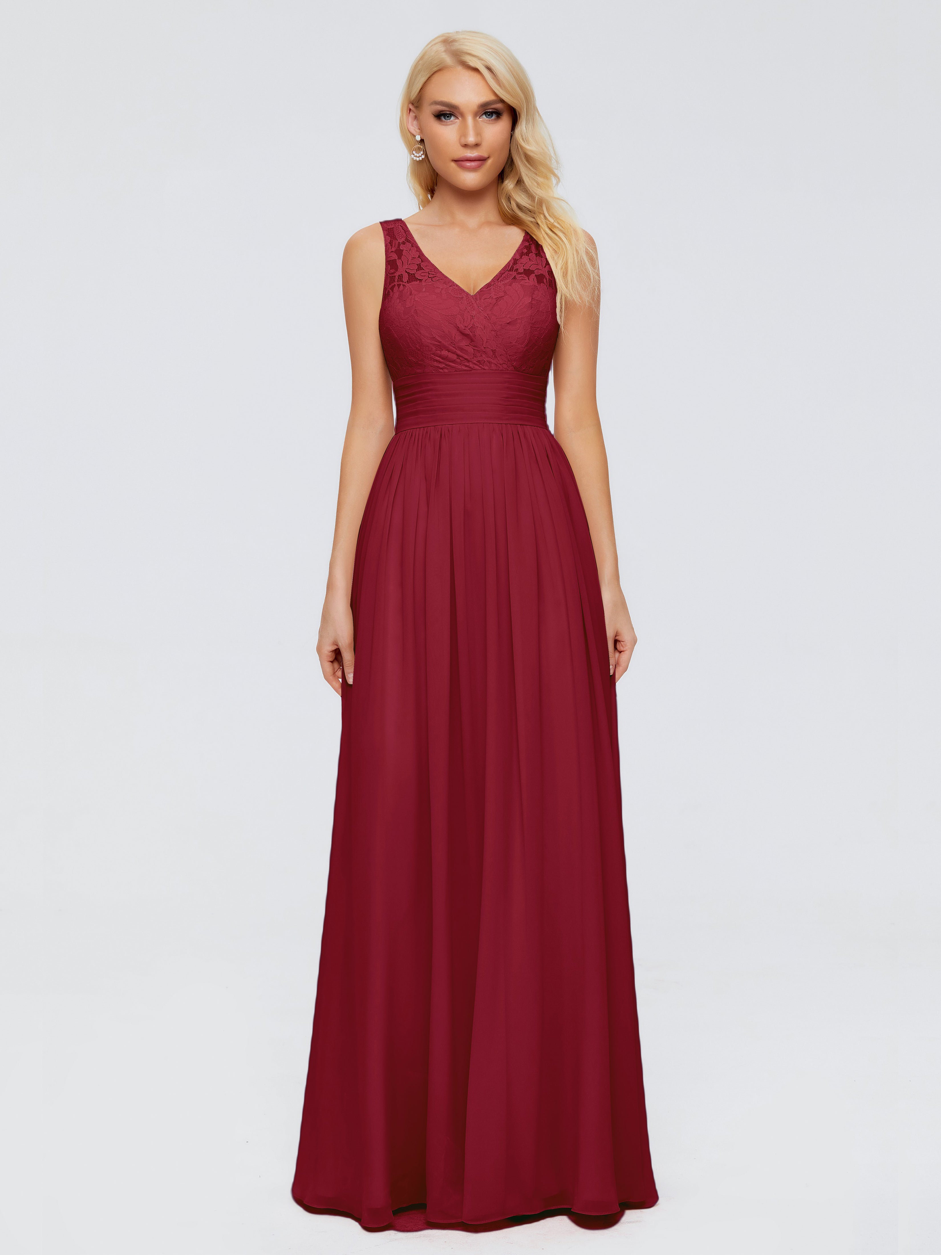 Robe Longue Bordeaux Demoiselle D Honneur Trapèze Col V Bretelle Mousseline Robes Demoiselle D'Honneur