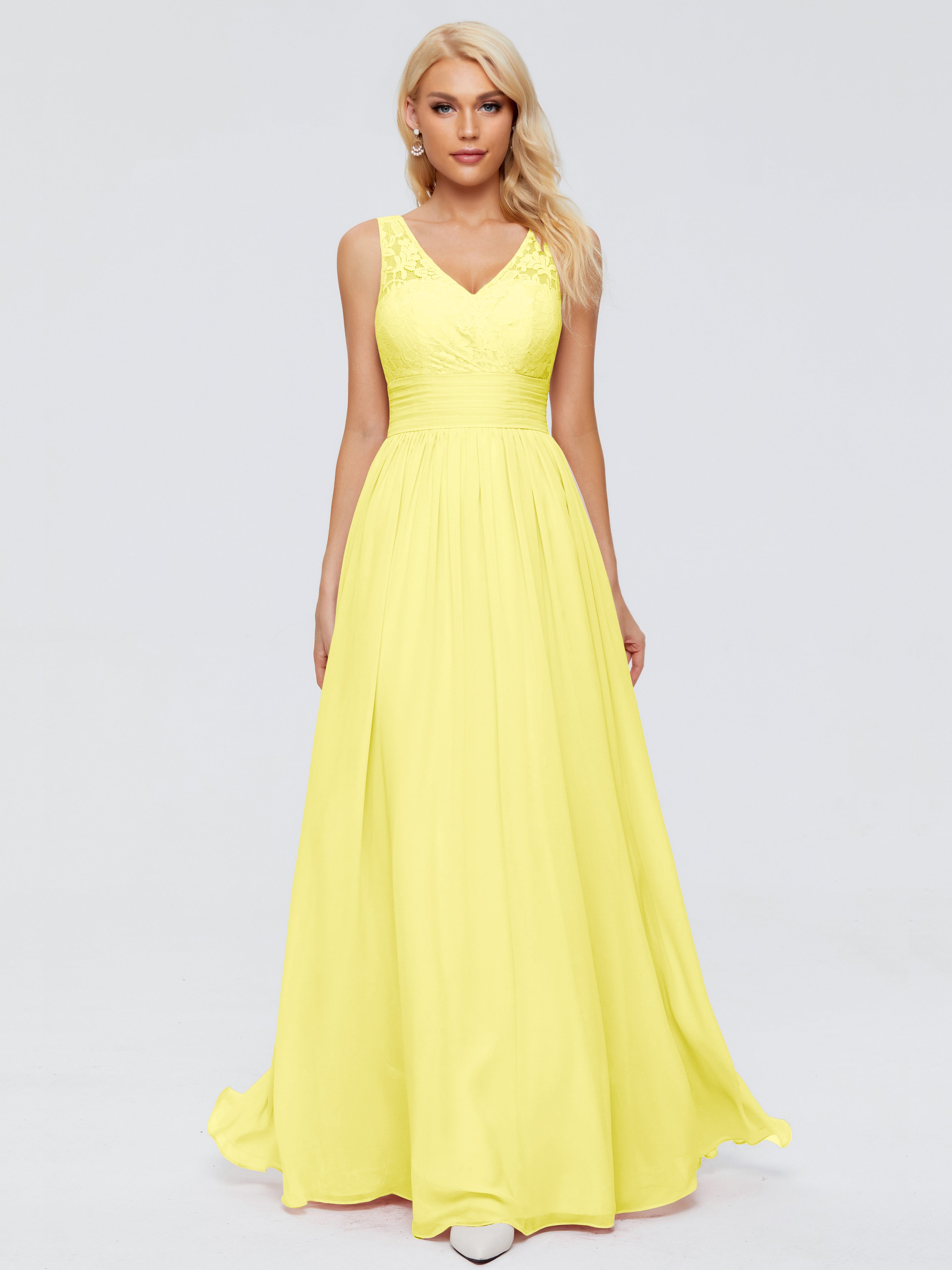 Robes De Demoiselle D'Honneur Citron Trapèze Sans Manches Col V Bretelle Mousseline Robes Demoiselle D'Honneur