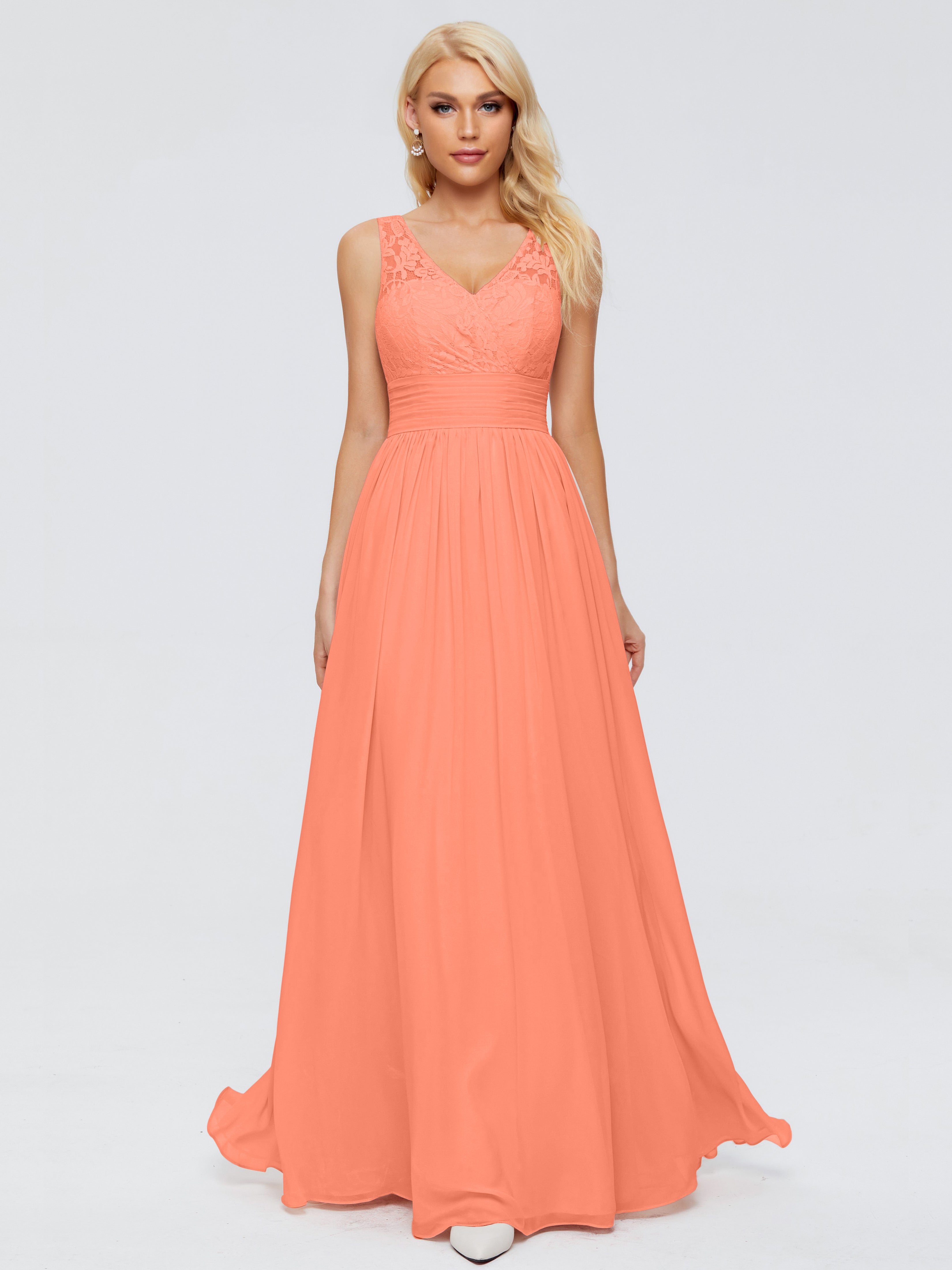 Robes De Demoiselle D'Honneur Coucher De Soleil Trapèze Sans Manches Col V Bretelle Mousseline Robes Demoiselle D'Honneur