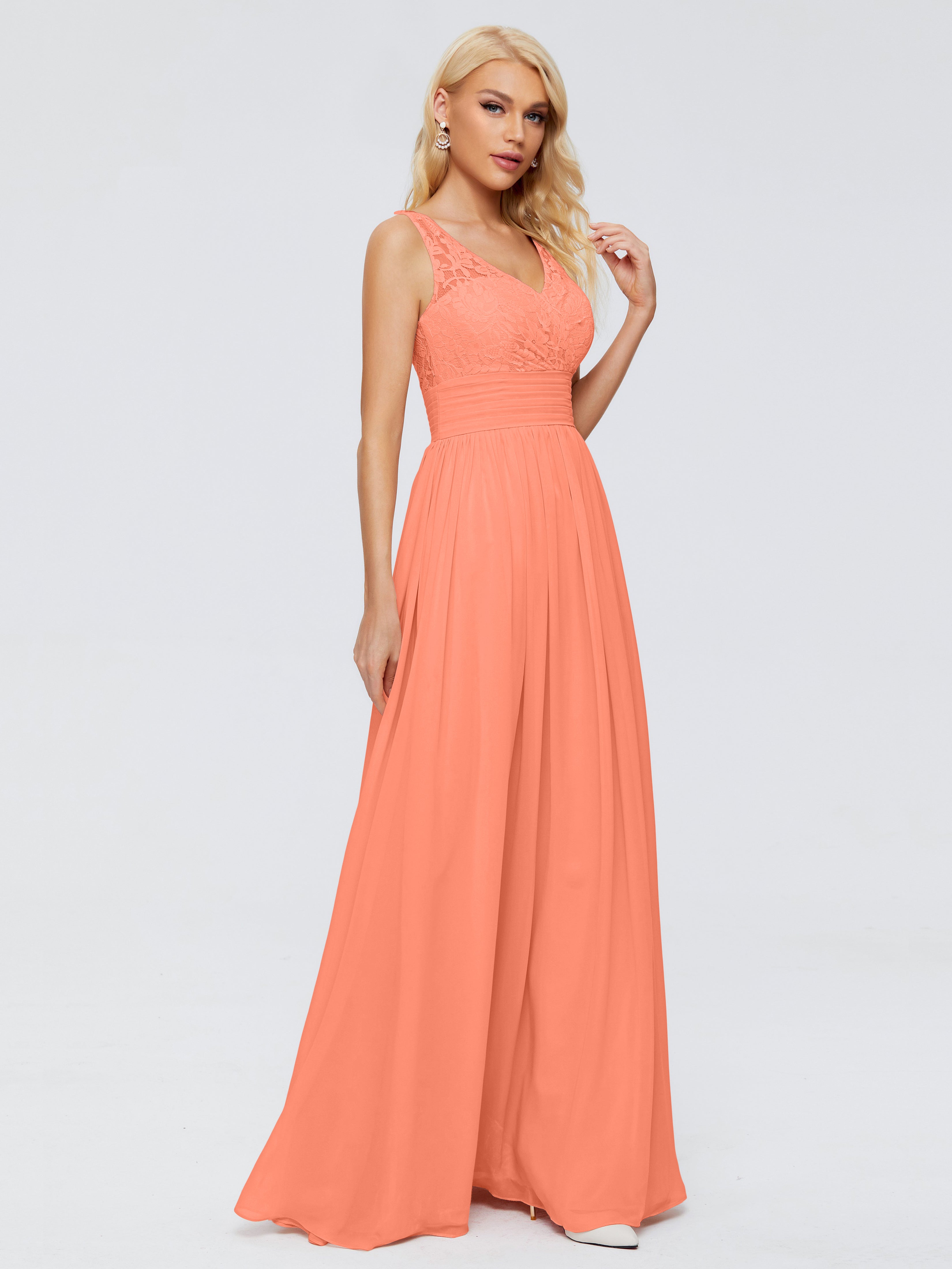 Robes De Demoiselle D'Honneur Coucher De Soleil Trapèze Sans Manches Col V Bretelle Mousseline Robes Demoiselle D'Honneur