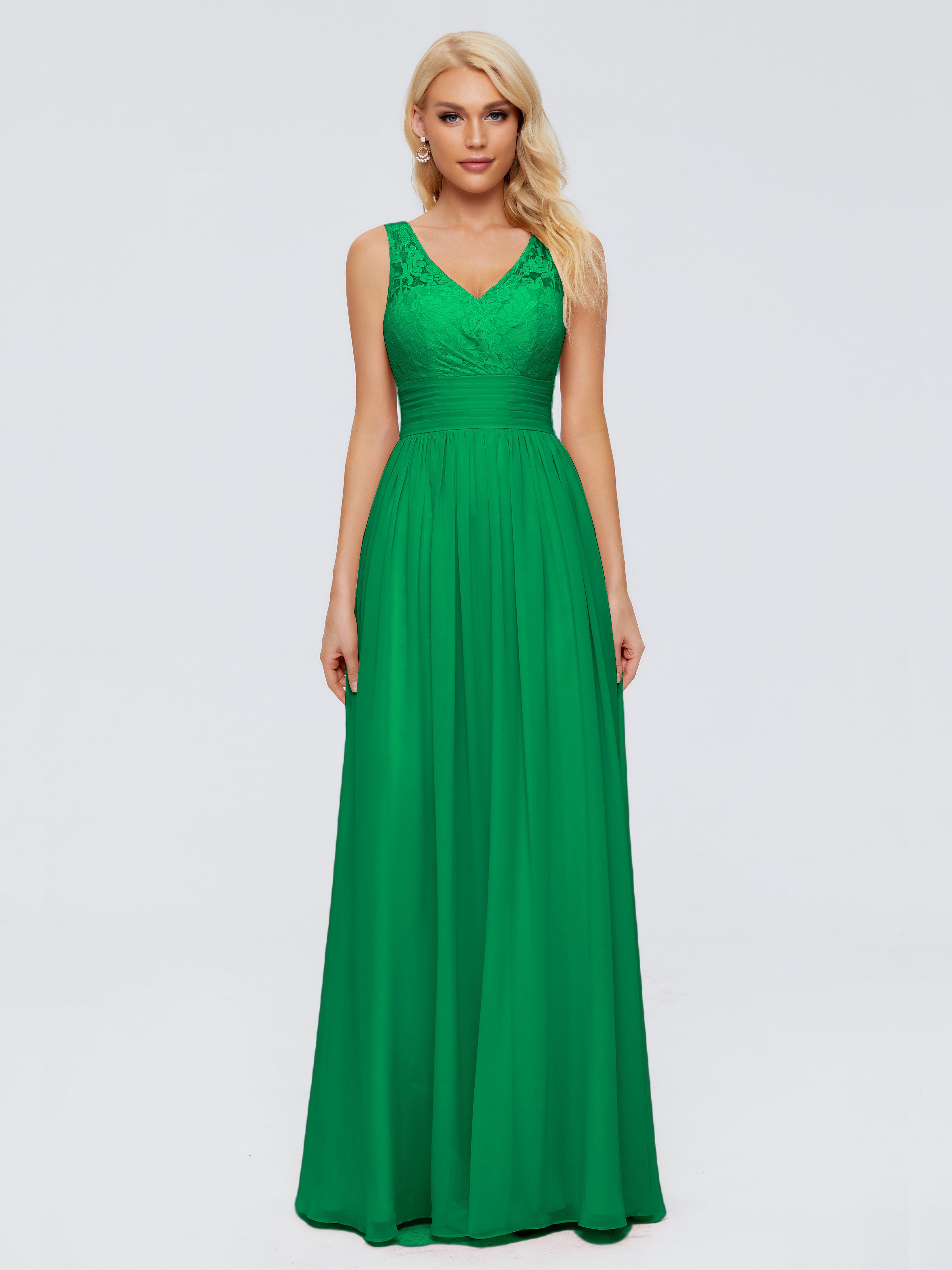 Robes De Demoiselle D'Honneur Émeraude Trapèze Col V Bretelle Mousseline Robes Demoiselle D'Honneur