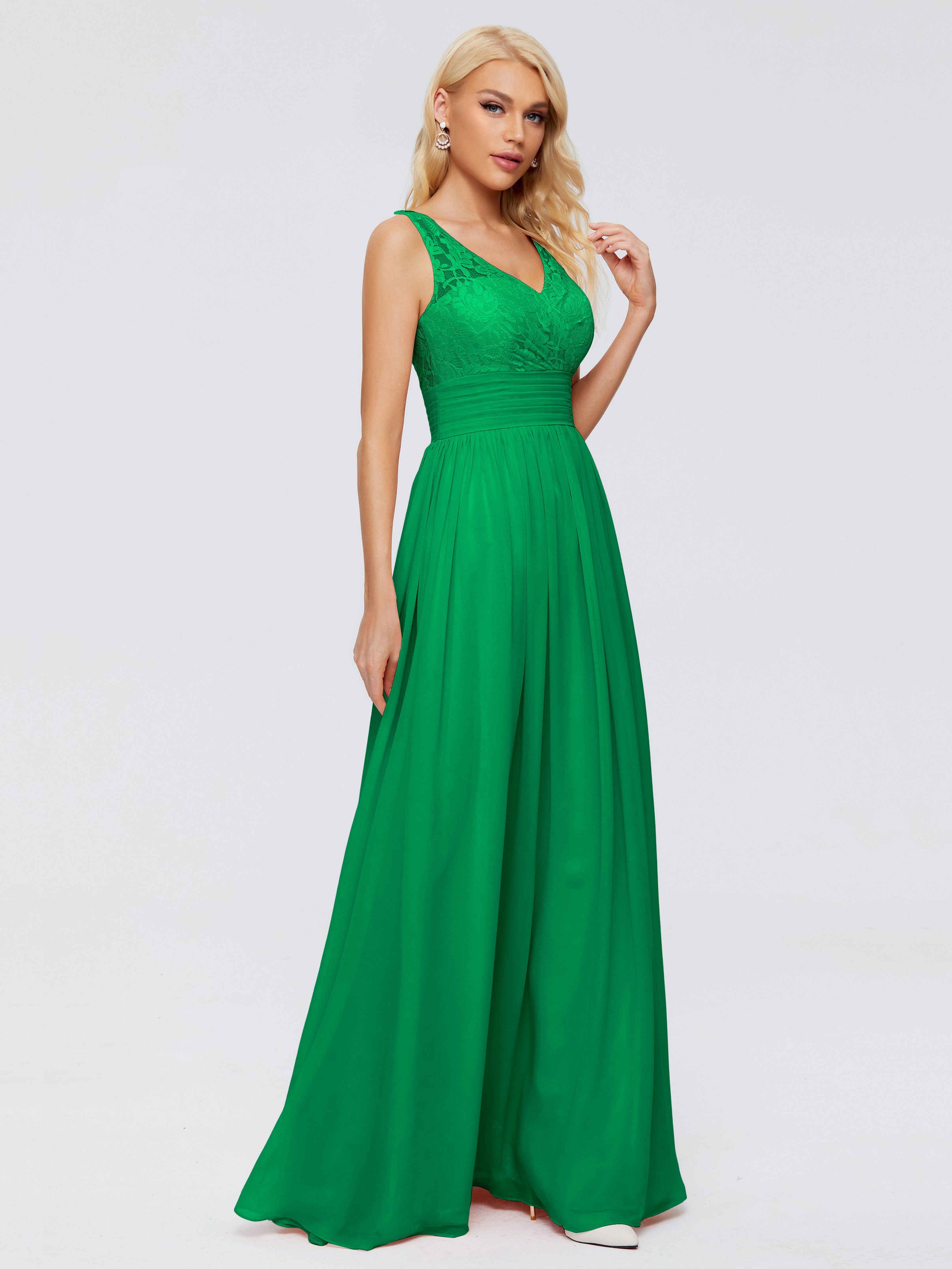 Robes De Demoiselle D'Honneur Émeraude Trapèze Col V Bretelle Mousseline Robes Demoiselle D'Honneur