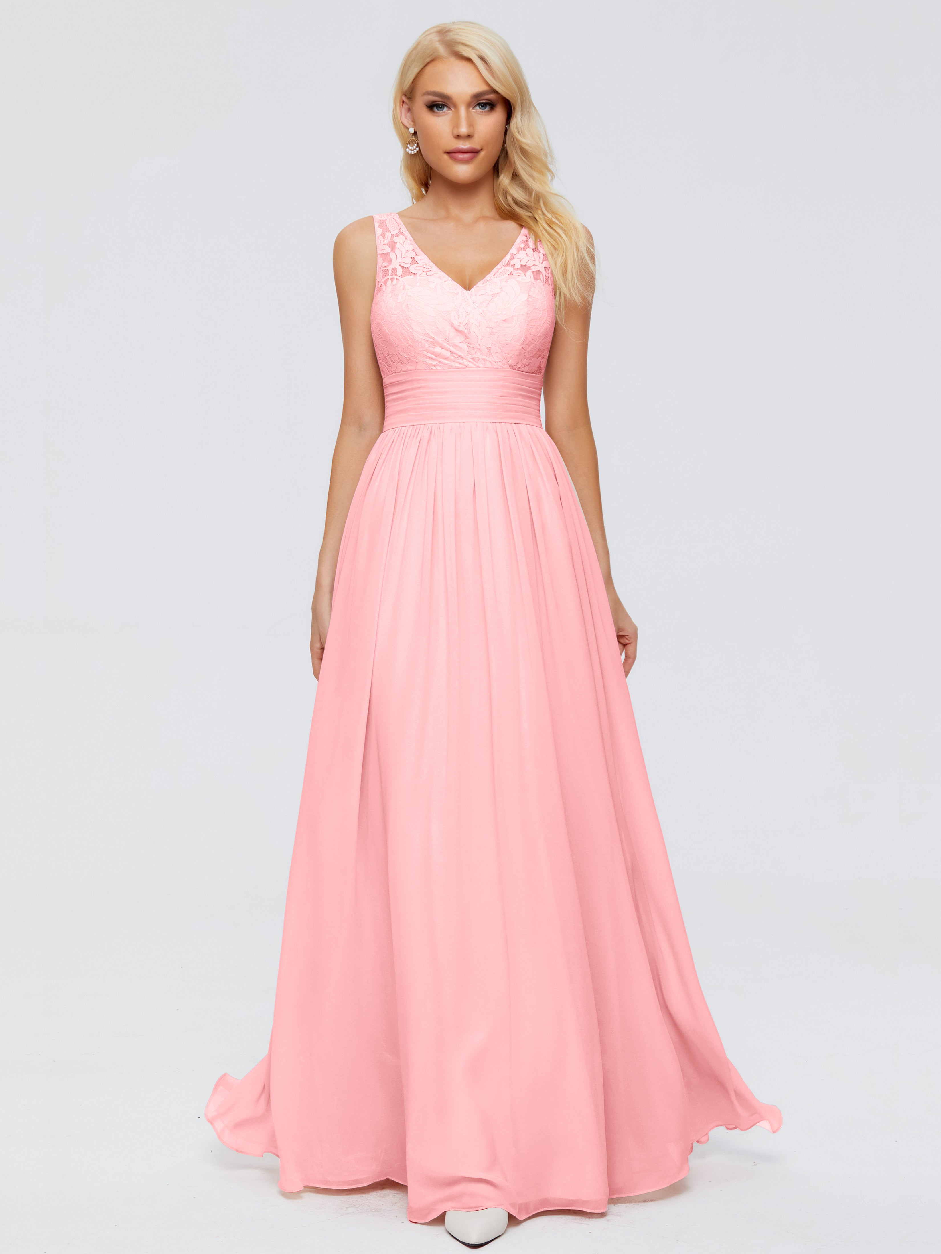 Robes De Demoiselle D'Honneur En Flamant Trapèze Col V Bretelle Mousseline Robes Demoiselle D'Honneur