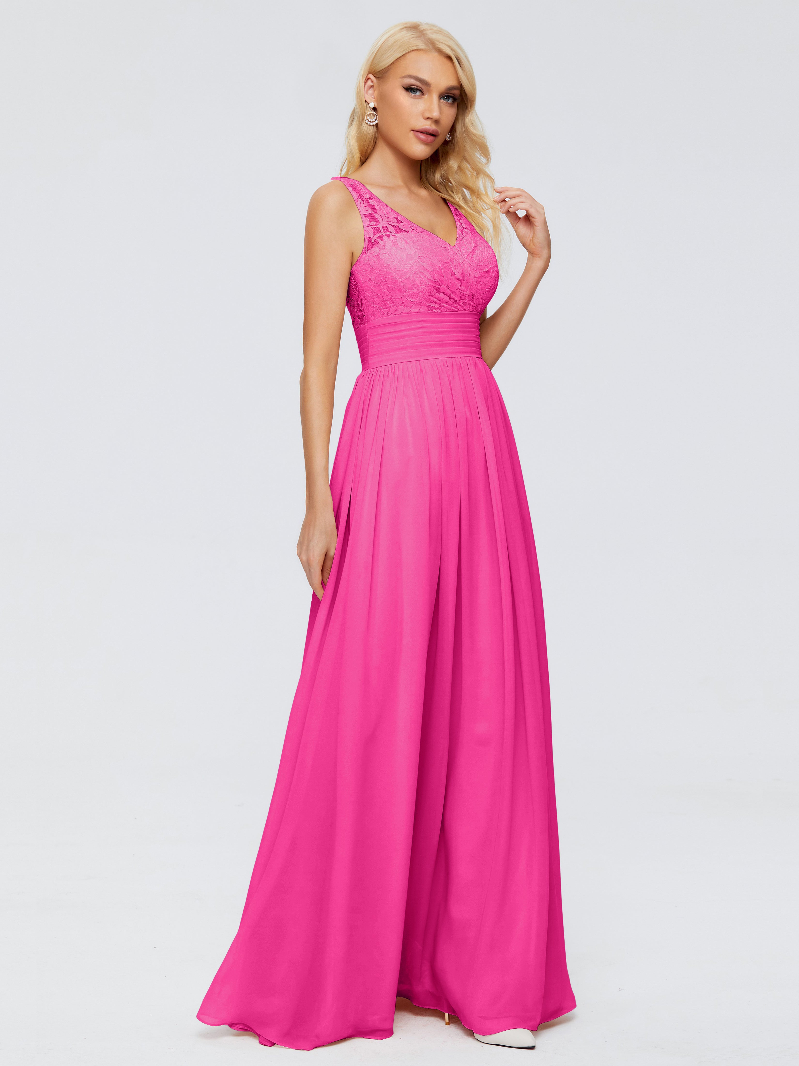 Robe Rose Fuchsia Demoiselle D Honneur Trapèze Sans Manches Col V Bretelle Mousseline Robes Demoiselle D'Honneur