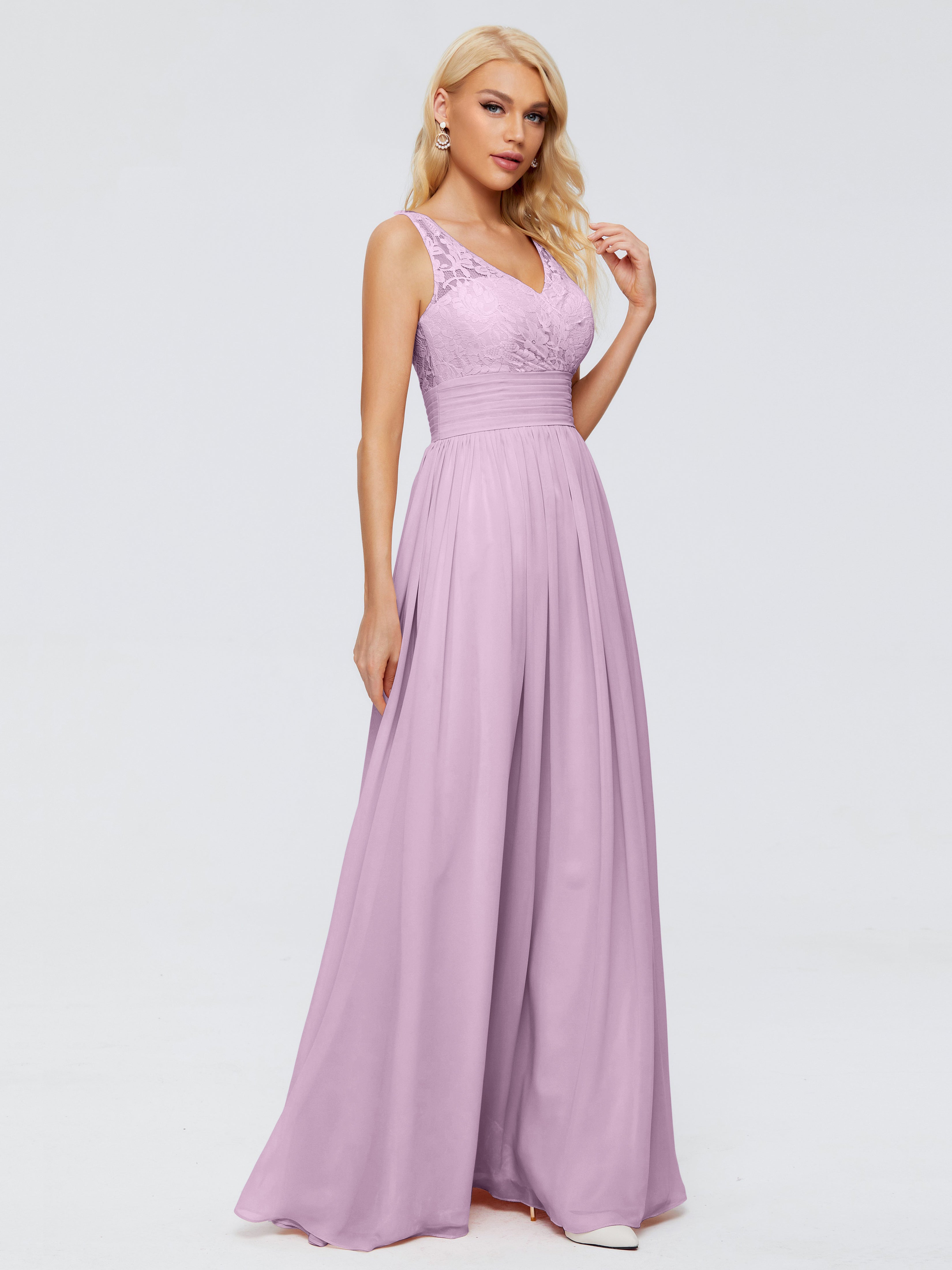 Robes De Demoiselle D'Honneur Glycine Trapèze Sans Manches Col V Bretelle Mousseline Robes Demoiselle D'Honneur