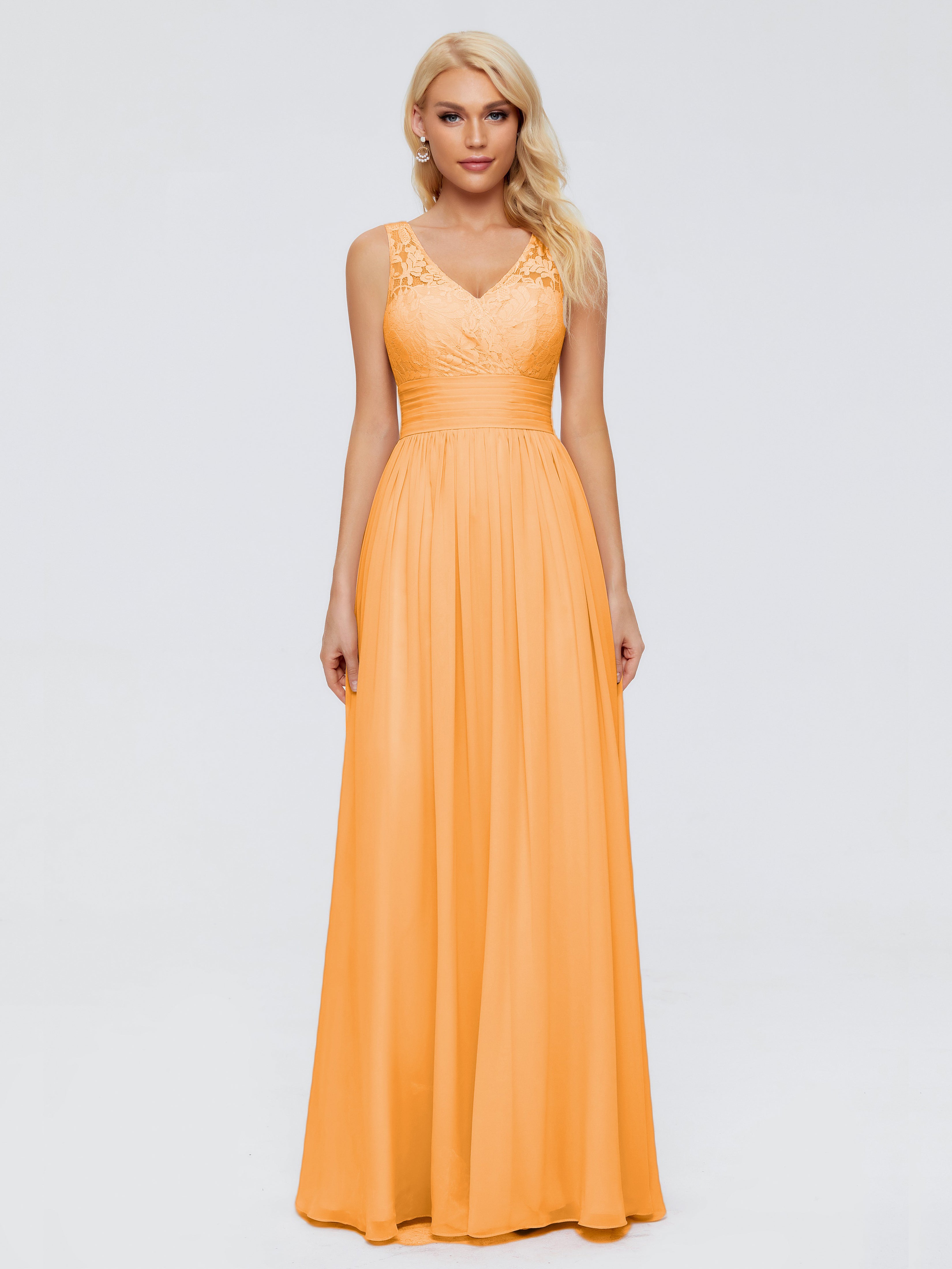 Robes De Demoiselle D'Honneur Mandarine Trapèze Sans Manches Col V Bretelle Mousseline Robes Demoiselle D'Honneur