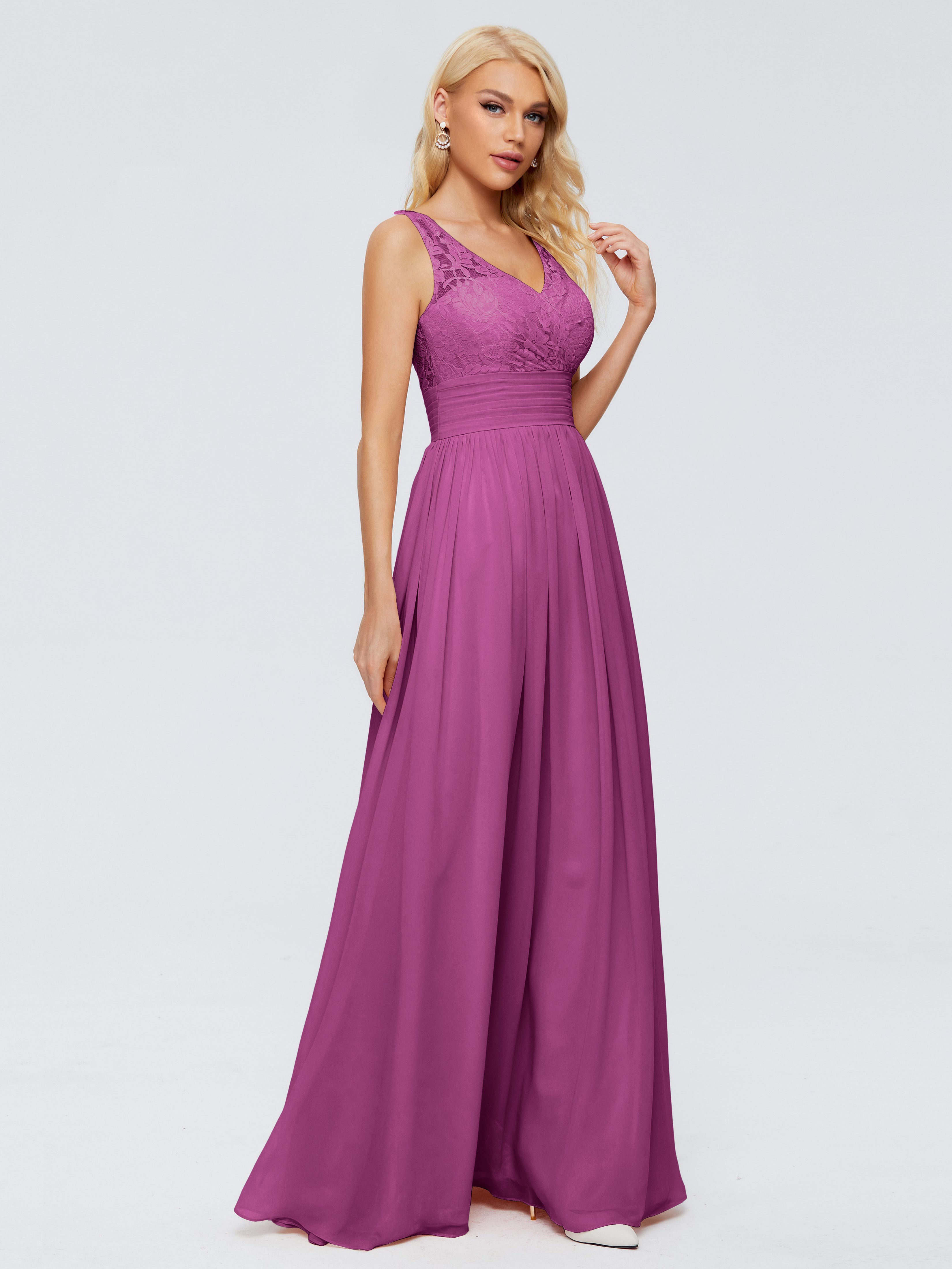 Robes De Demoiselle D'Honneur Orchidée Trapèze Sans Manches Col V Bretelle Mousseline Robes Demoiselle D'Honneur