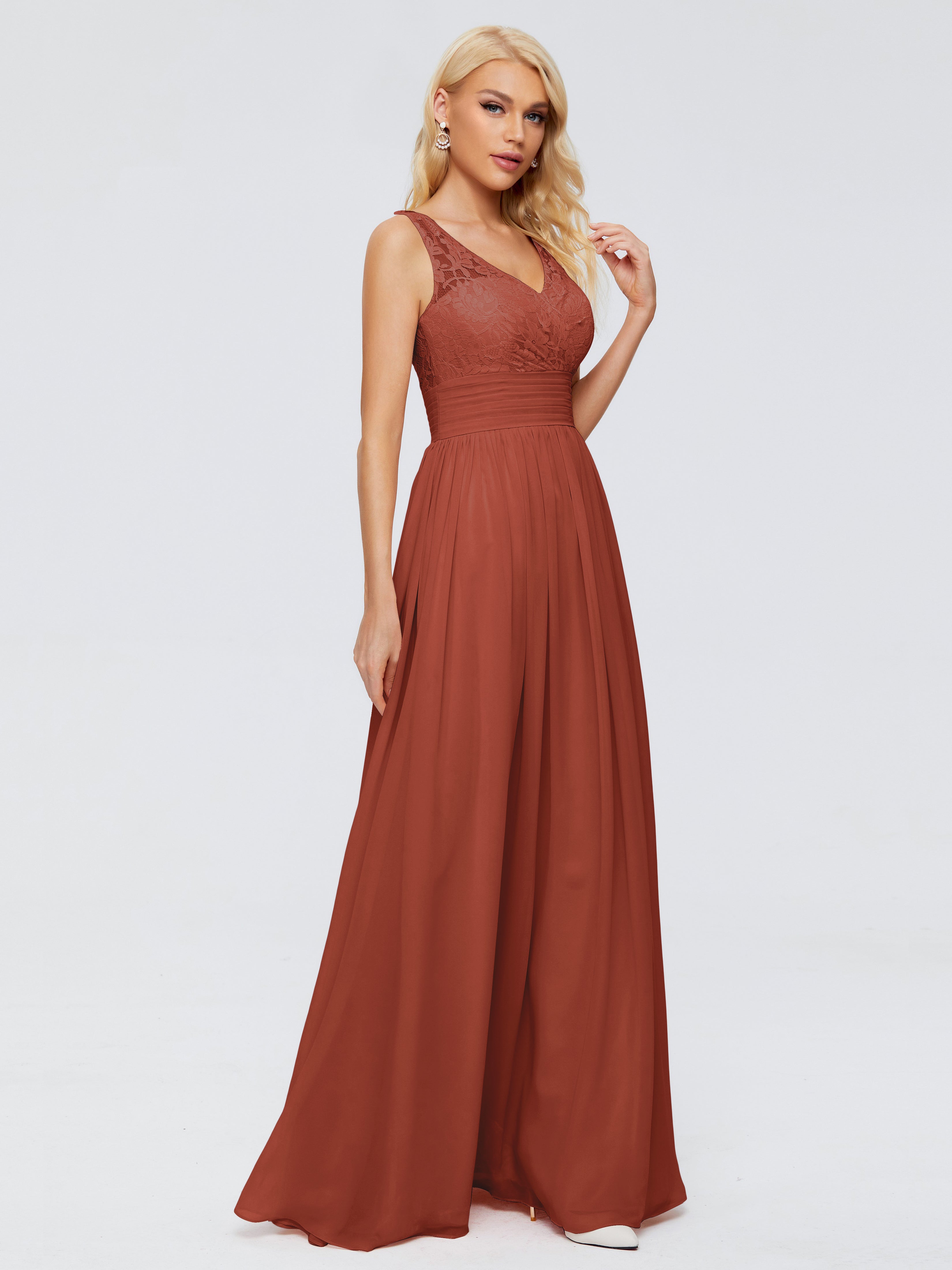 Longues Robes De Demoiselle D'Honneur De Rouille Trapèze Col V Bretelle Mousseline Robes Demoiselle D'Honneur