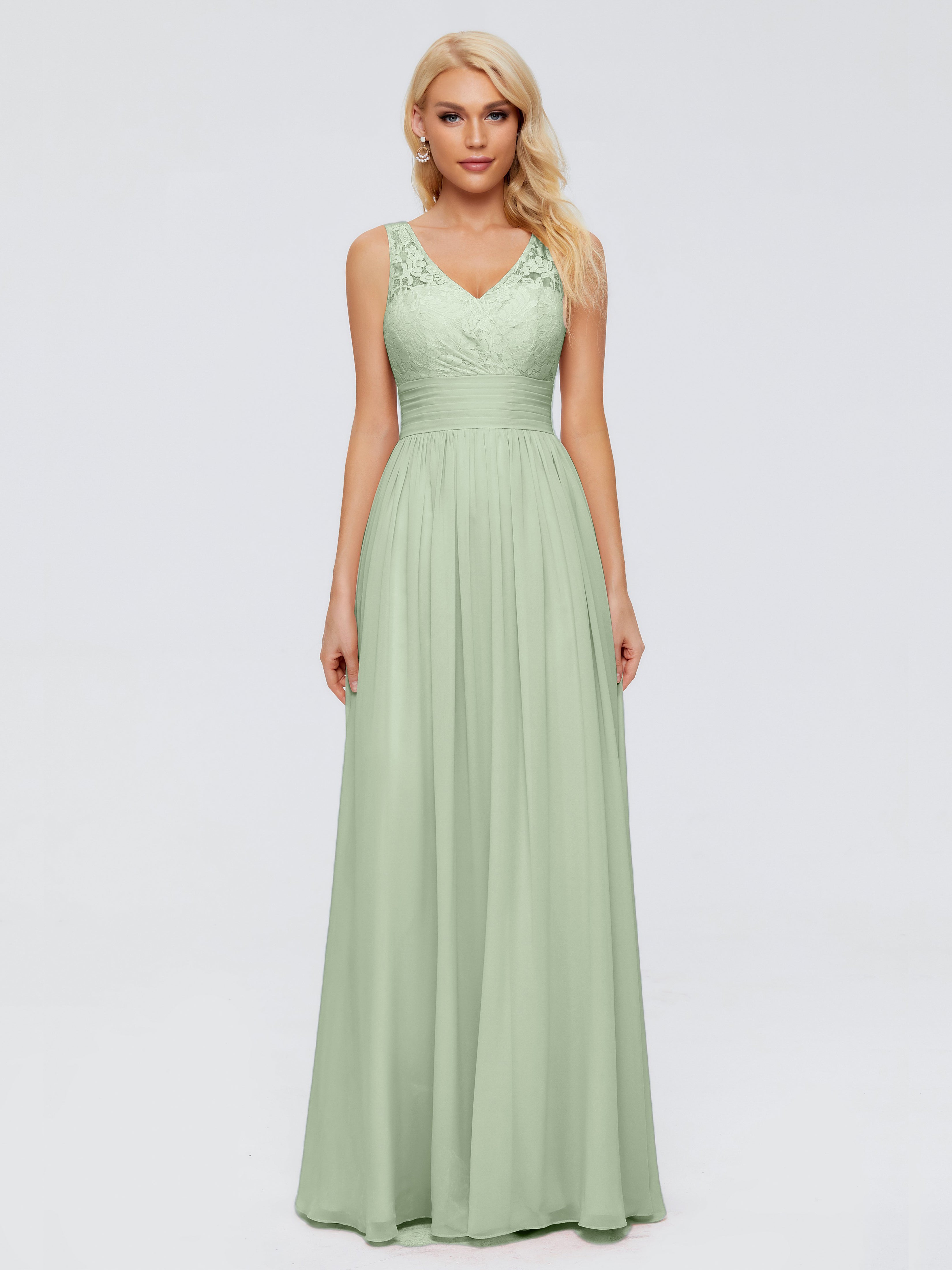 Demoiselle D'Honneur De Sauge Poussiéreuse Trapèze Col V Bretelle Mousseline Robes Demoiselle D'Honneur