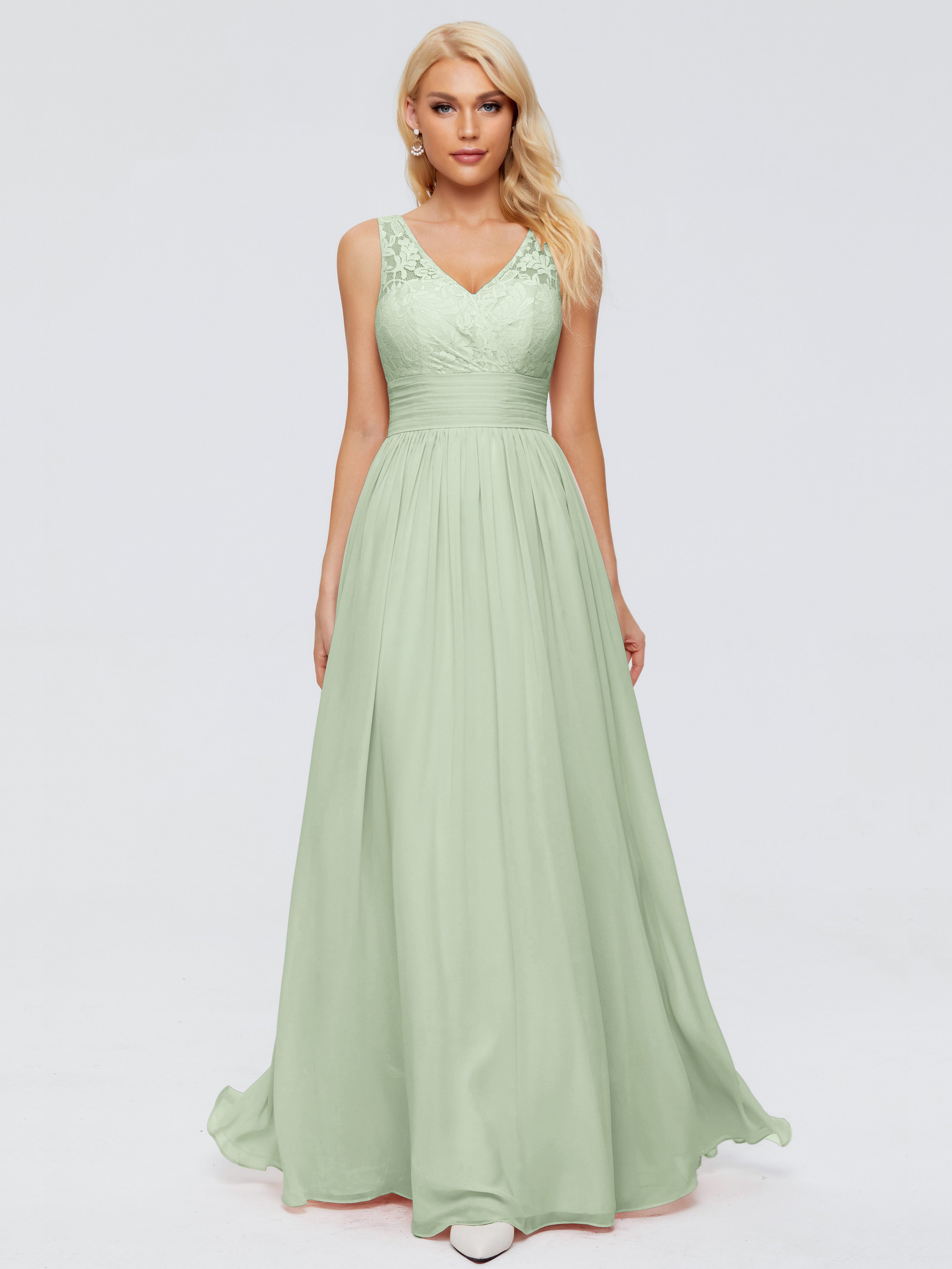 Demoiselle D'Honneur De Sauge Poussiéreuse Trapèze Col V Bretelle Mousseline Robes Demoiselle D'Honneur