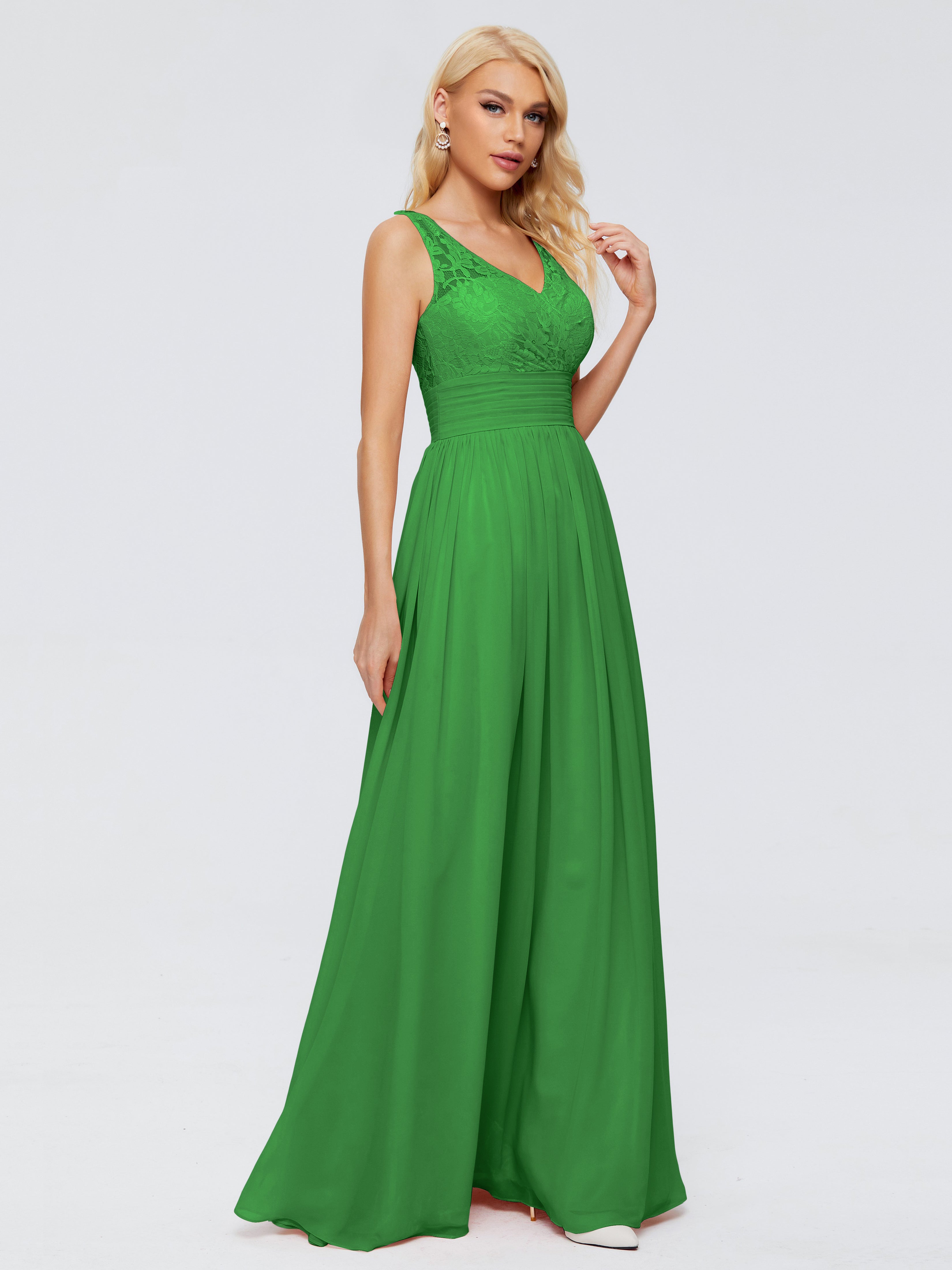 Robe Demoiselle D Honneur Vert Trapèze Col V Bretelle Mousseline Robes Demoiselle D'Honneur