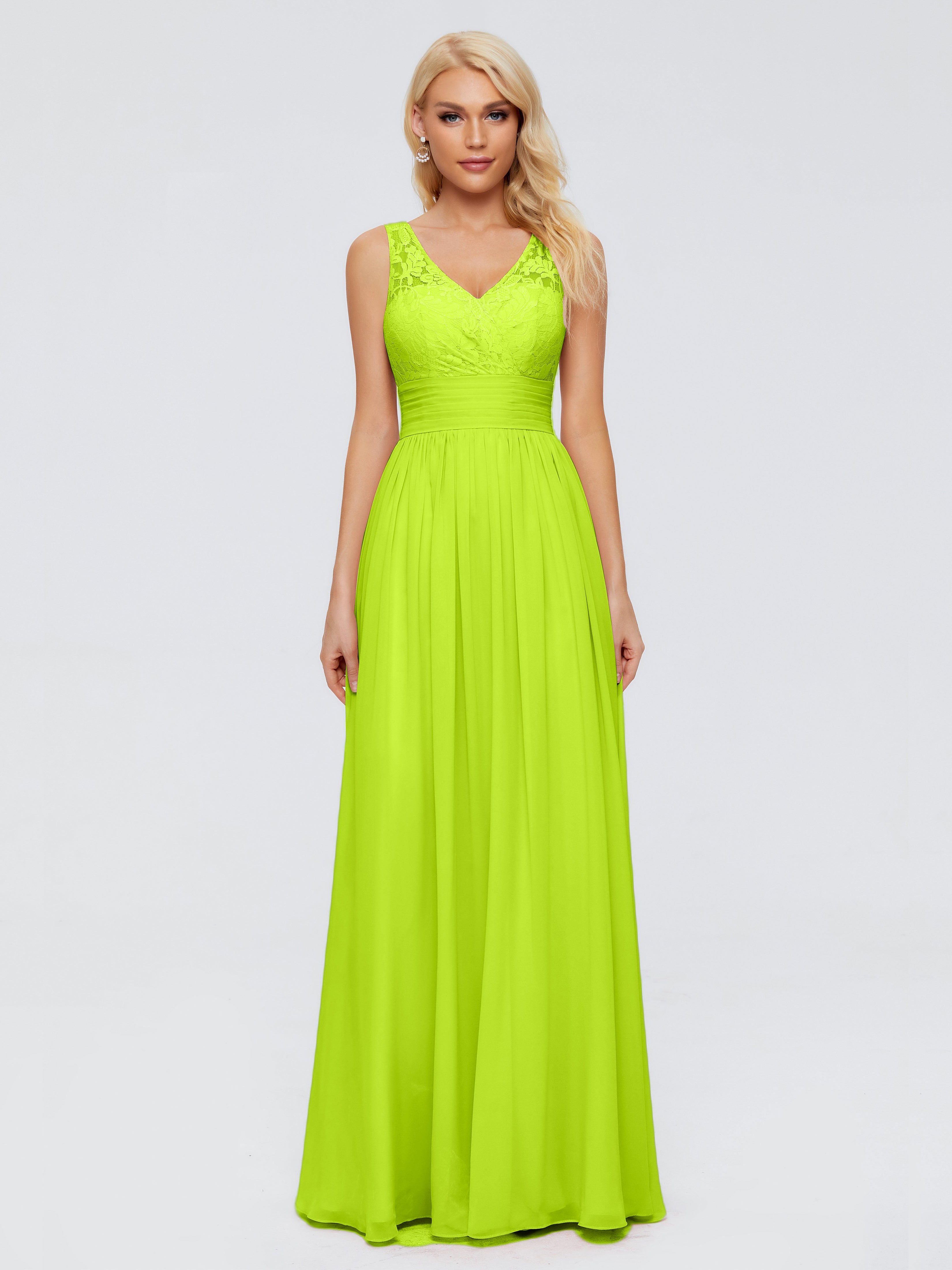 Robes De Demoiselle D'Honneur Vert Citron Trapèze Sans Manches Col V Bretelle Mousseline Robes Demoiselle D'Honneur