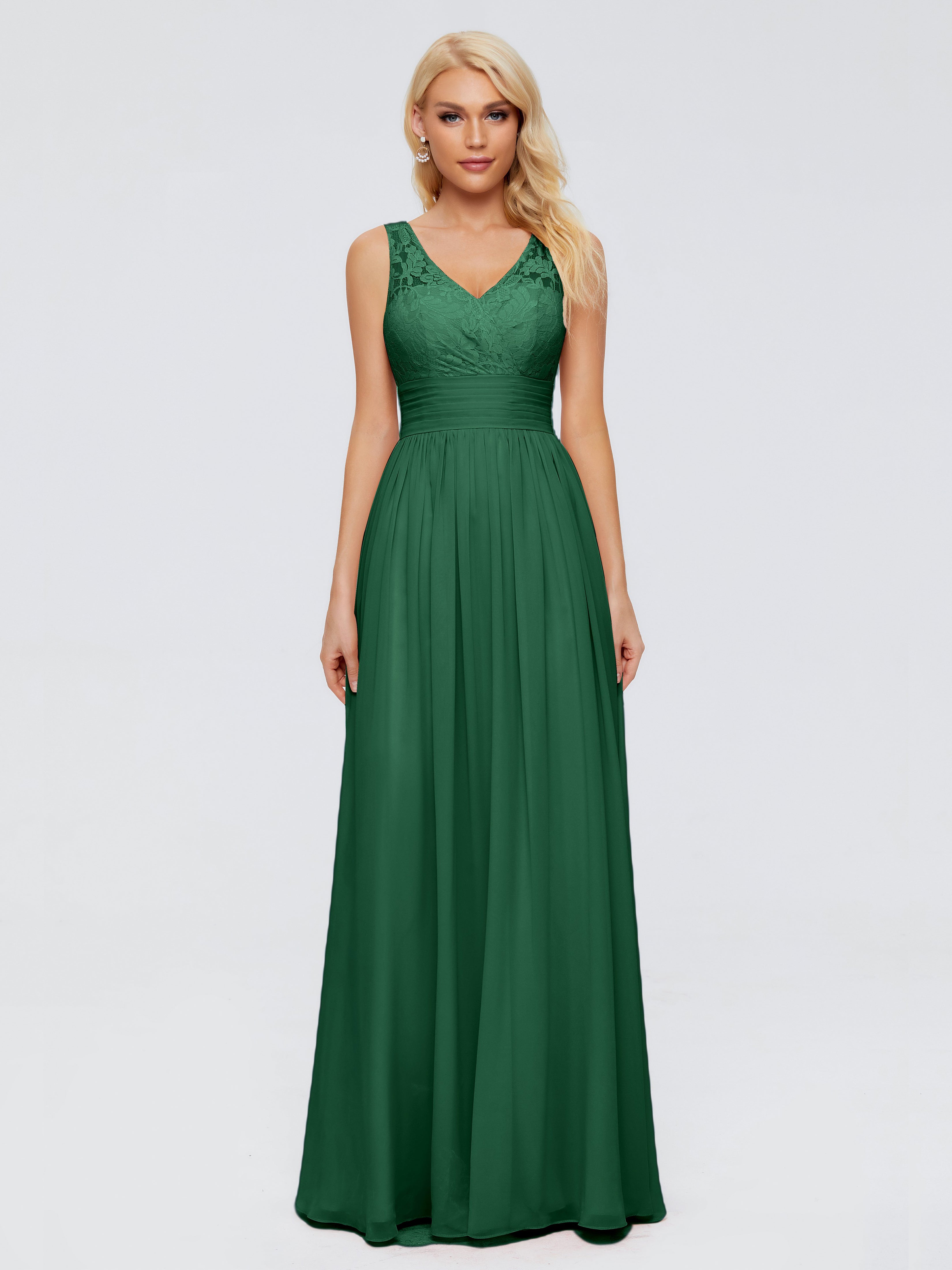 Robes De Demoiselle D'Honneur Vert Foncé Trapèze Col V Bretelle Mousseline Robes Demoiselle D'Honneur