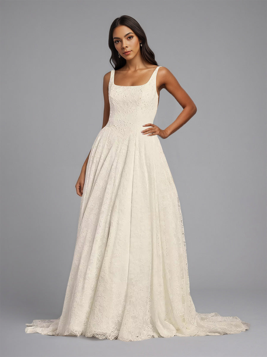 Cicinia Ivoire Robe de Mariée A-Line en Dentelle sans Manches Décolleté Carré Charmante