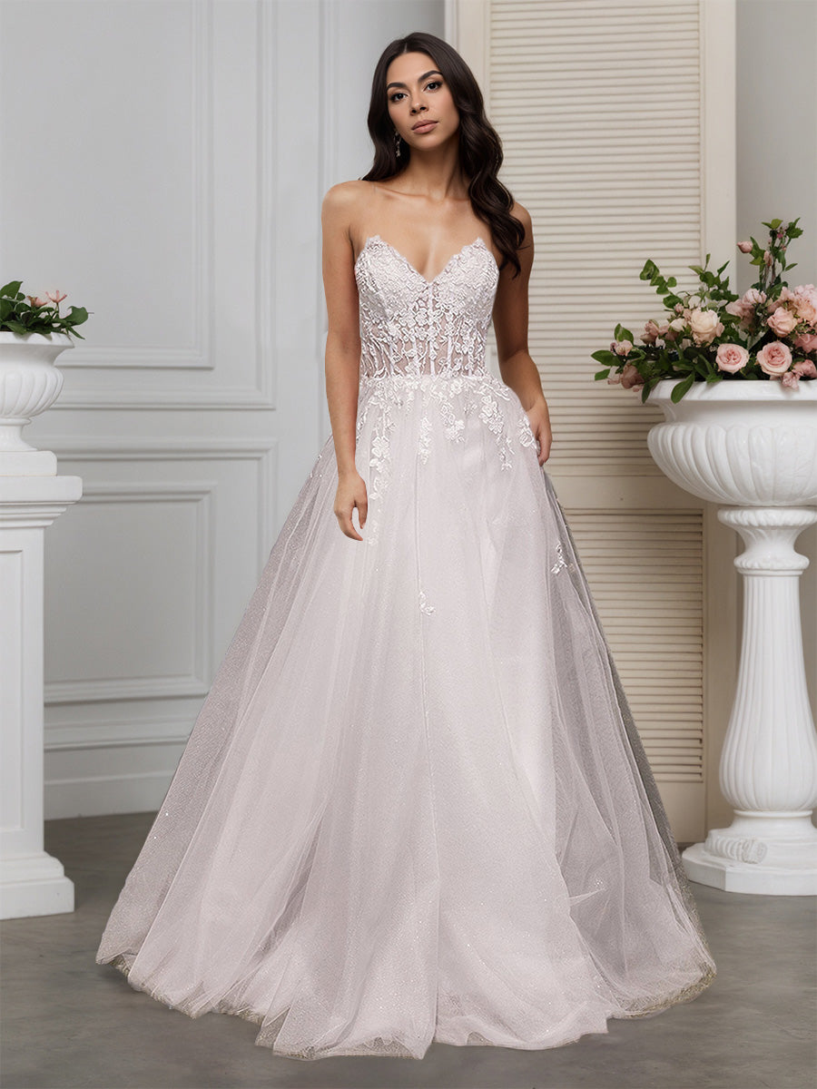 Cicinia Ivoire Robe de Mariée A-Line en Tulle Appliqués Taille Transparente Luxueuse
