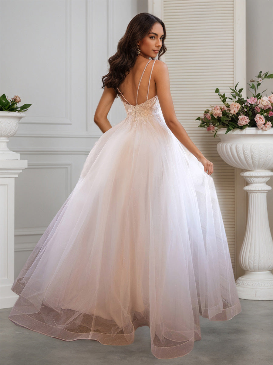 Cicinia Robe de Mariée en Tulle Fluide sans Manches à Bretelles Spaghetti Décolleté en V